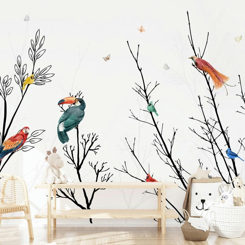 VOLATILES - Papier Peint Raccordable L336xH270cm Multicolore Oiseaux