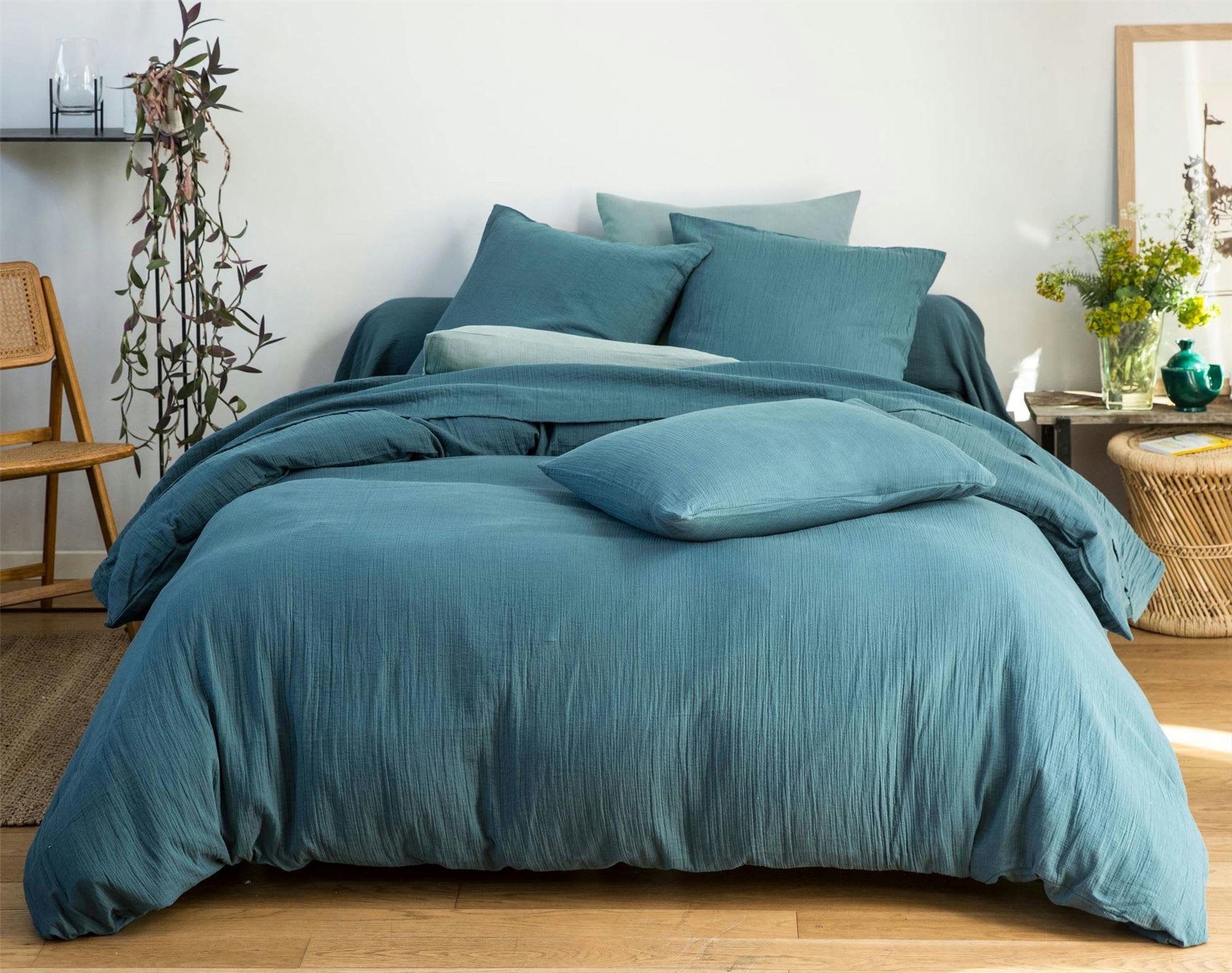 DOUBLE GAZE - Drap-housse 160x200x28 bleu canard en coton