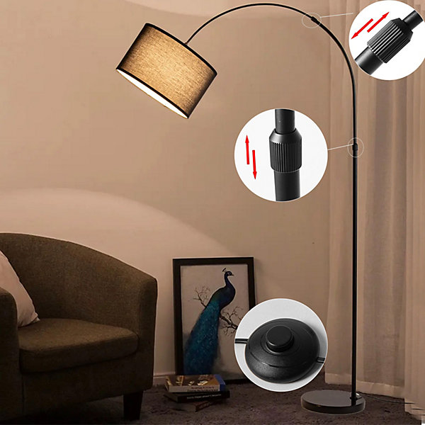 Lampe sur pied arc avec abat-jour textile noir de 40 cm base en marbre hauteur réglable jusquà 180 cm interrupteur au pied E27
