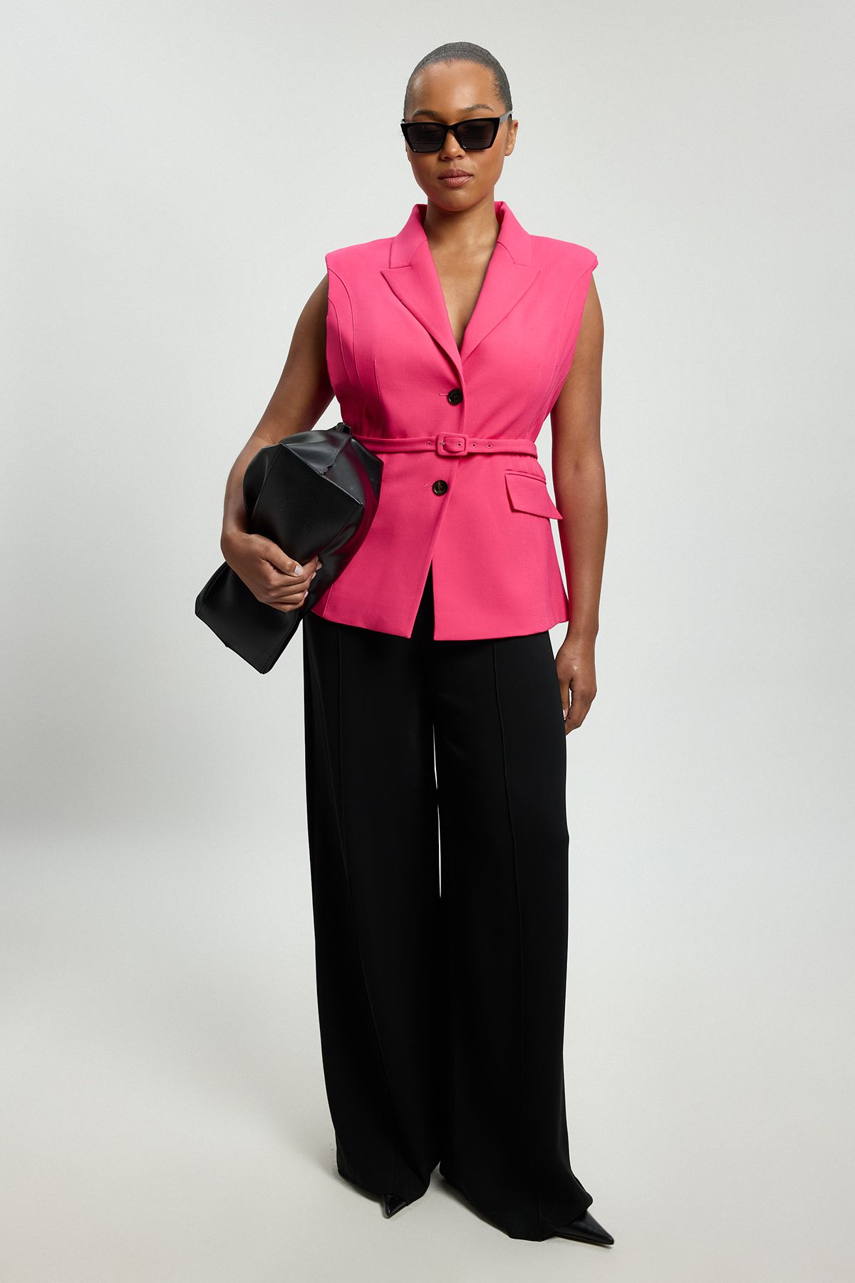 KarenMillen Plus Size Tailored Structured Crepe Belted Sleeveless Blazer