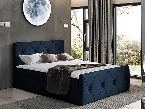 Lit continental Baltimore 150, Double, Bleu, Tissu, Disponible