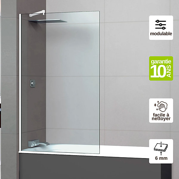 Paroi de baignoire fixe en verre sécurité transparent ép 6mm anti calcaire, L110 x H147 cm, blanc mat, SUPERBAN Mont Blanc CC