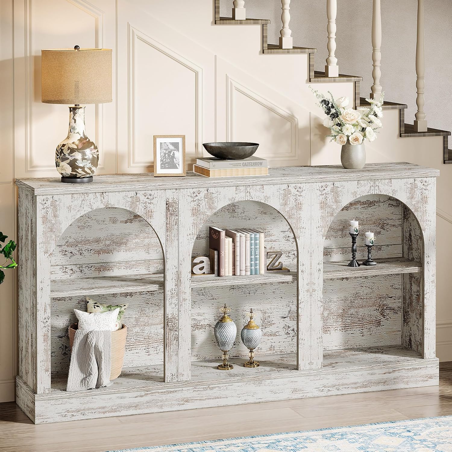 Tribesigns Farmhouse Console Table, 63-Inch Long Entryway Table with 3 Tier Storage, Wooden Rectangular Sofa Table Behind The Couch for Entrance, Hallway, Living Room, Distressed White