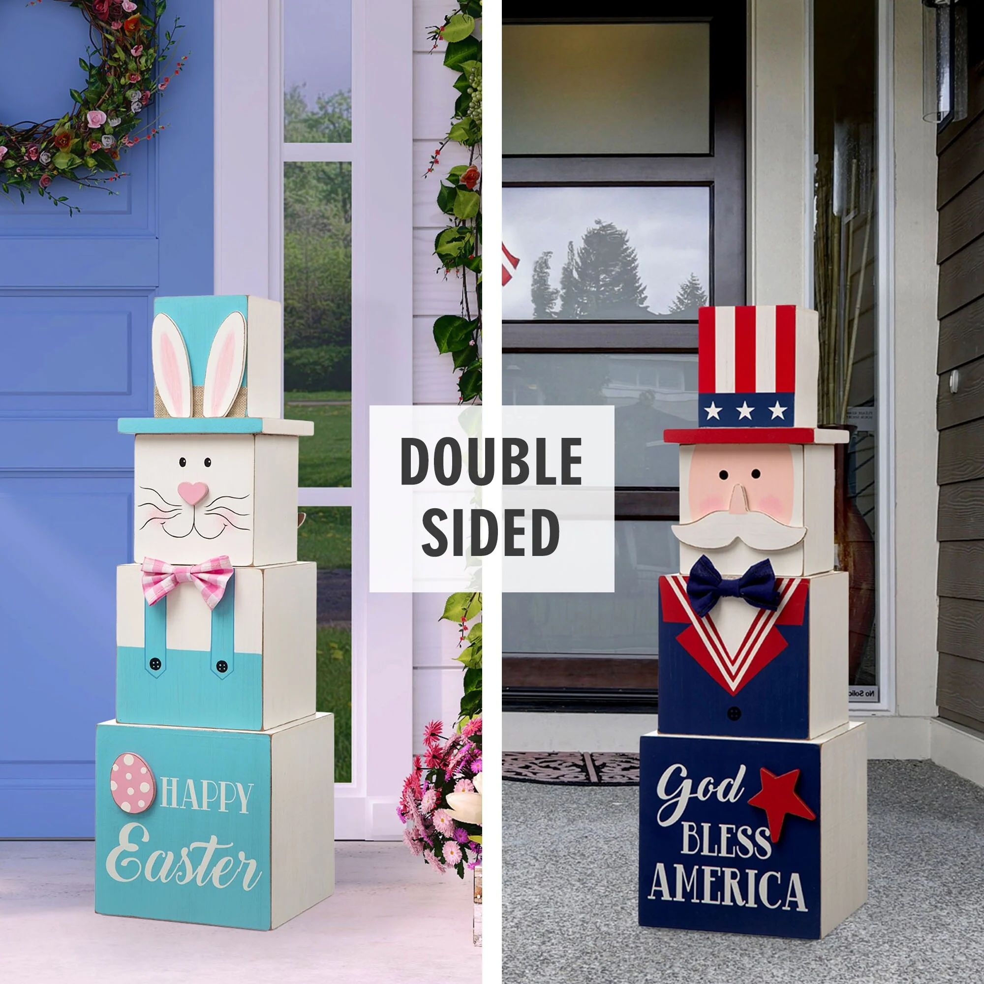 Glitzhome 24H Easter/Patriotic Double Sided Stacked Wooden Porch Decor Bunny Uncle Sam July Fourth