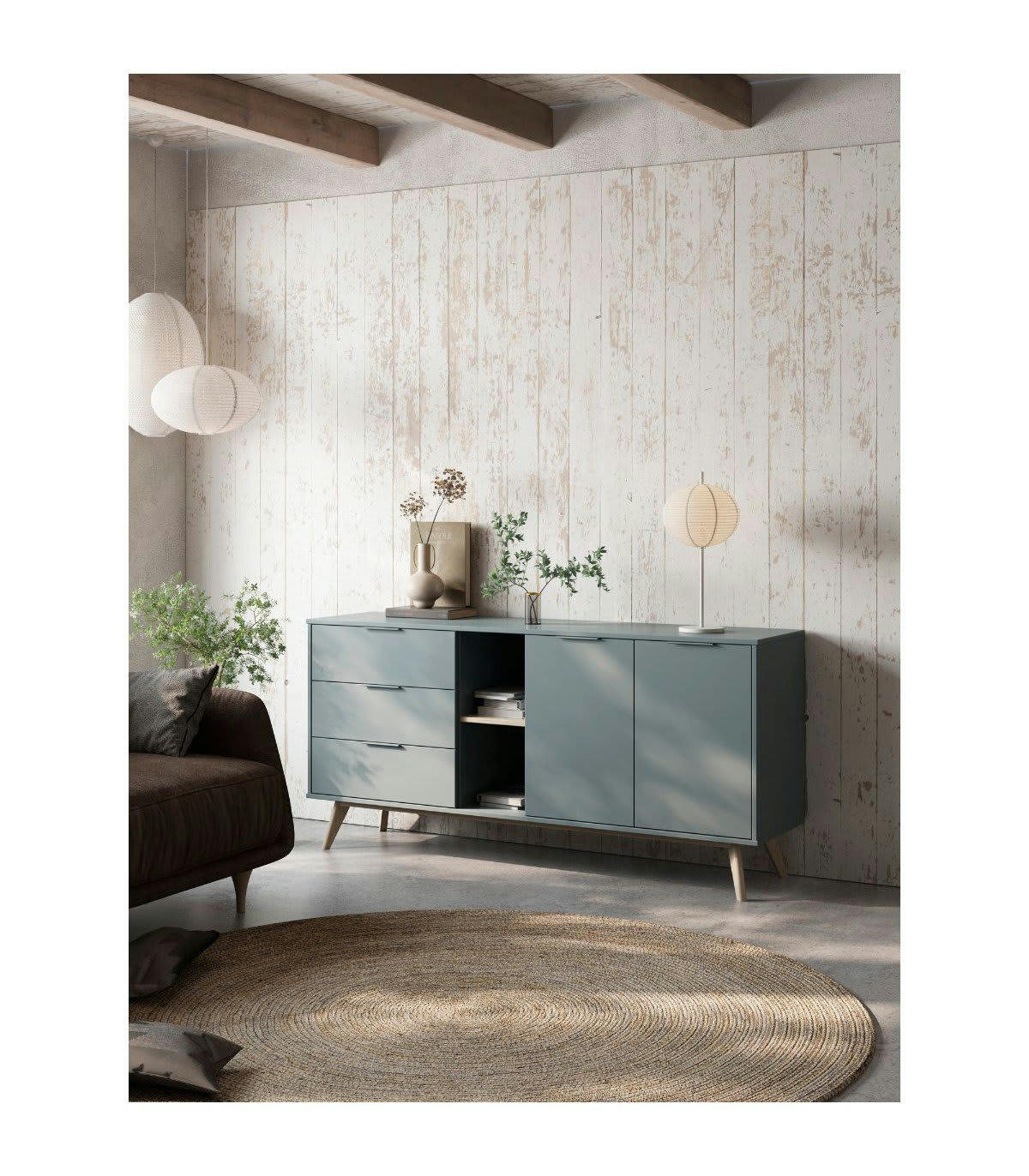 PISCO - Buffet 2 portes, 2 niches, 3 tiroirs vert kaki - L165 cm