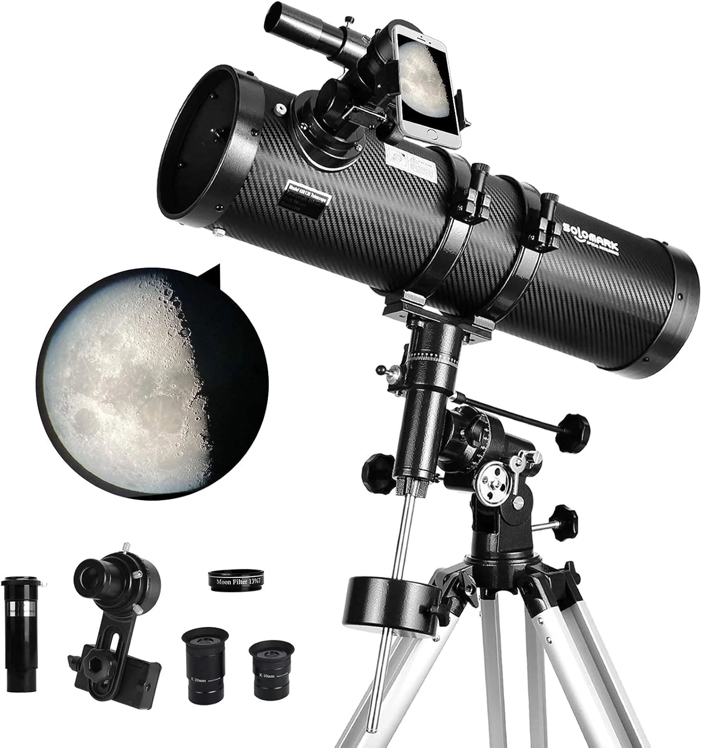 Professional Newtonian Reflector Telescope for Adults, 1.5x Barlow, Phone Adapter  Solar Filter(130EQ)