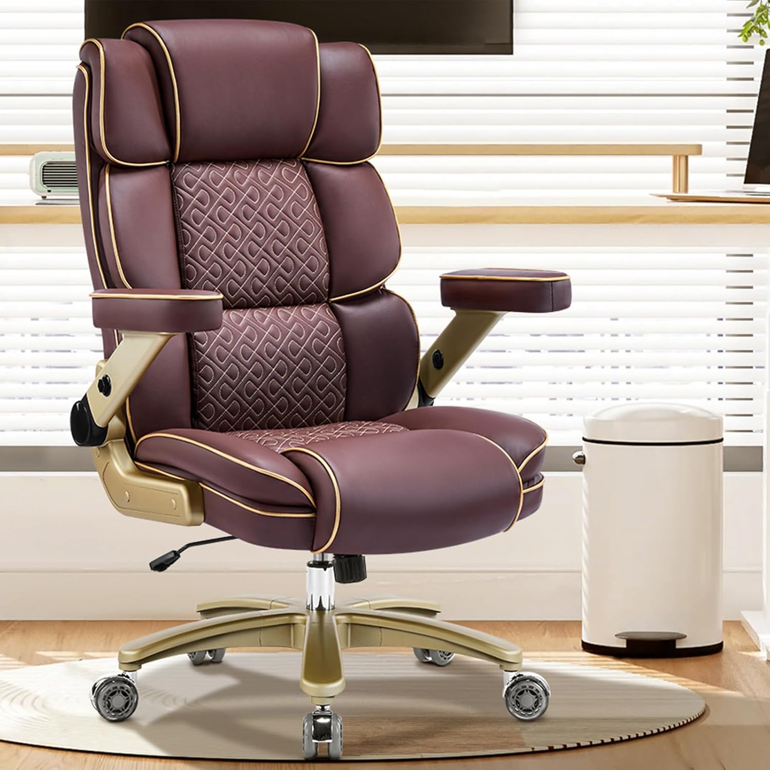 Heavy Duty Executive Leather Chair, Big and Tall Office Chair 500lbs with 5D Flip-up Armrests, Comfortable Seat, Adjustable Lumbar, High Back, Large Computer Desk Chair for Home Office, Brown