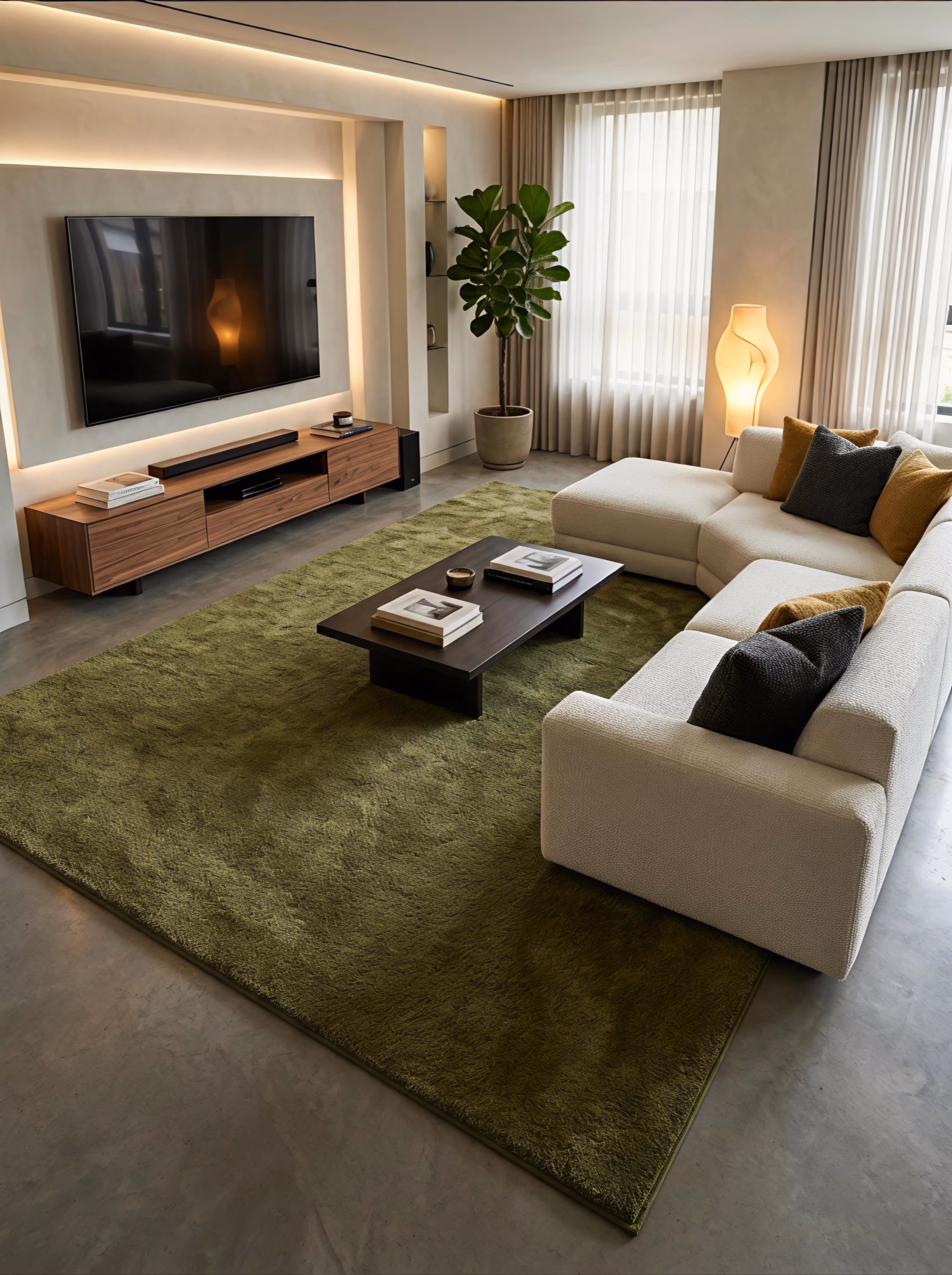 Olive Green Plush Shag Area Rug, Modern Minimalist Living Room Carpet 8x10, 9x12, 10x14, 12x15, 12x18