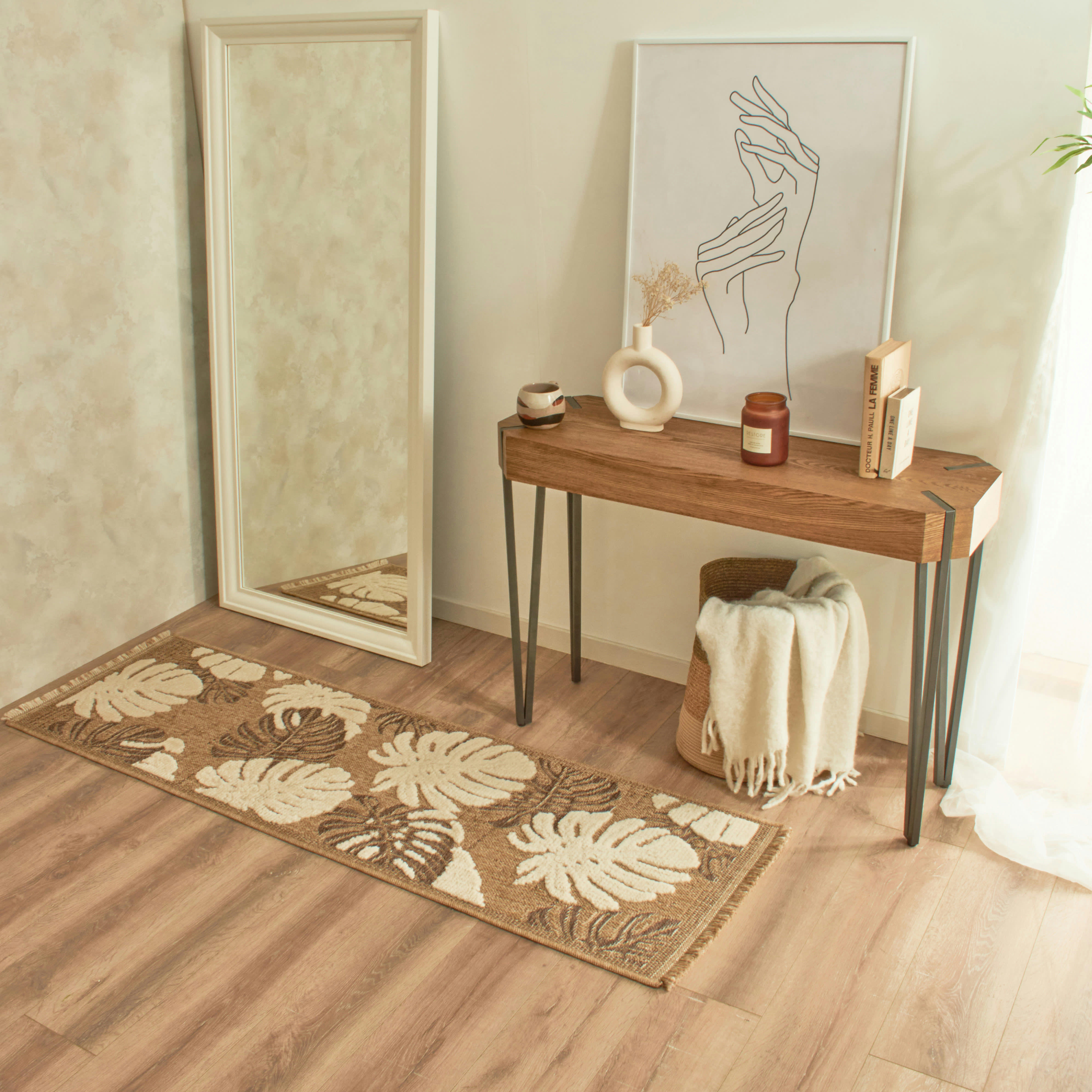 TULUM - Tapis intérieur et extérieur aspect jute feuille marron - 60x180