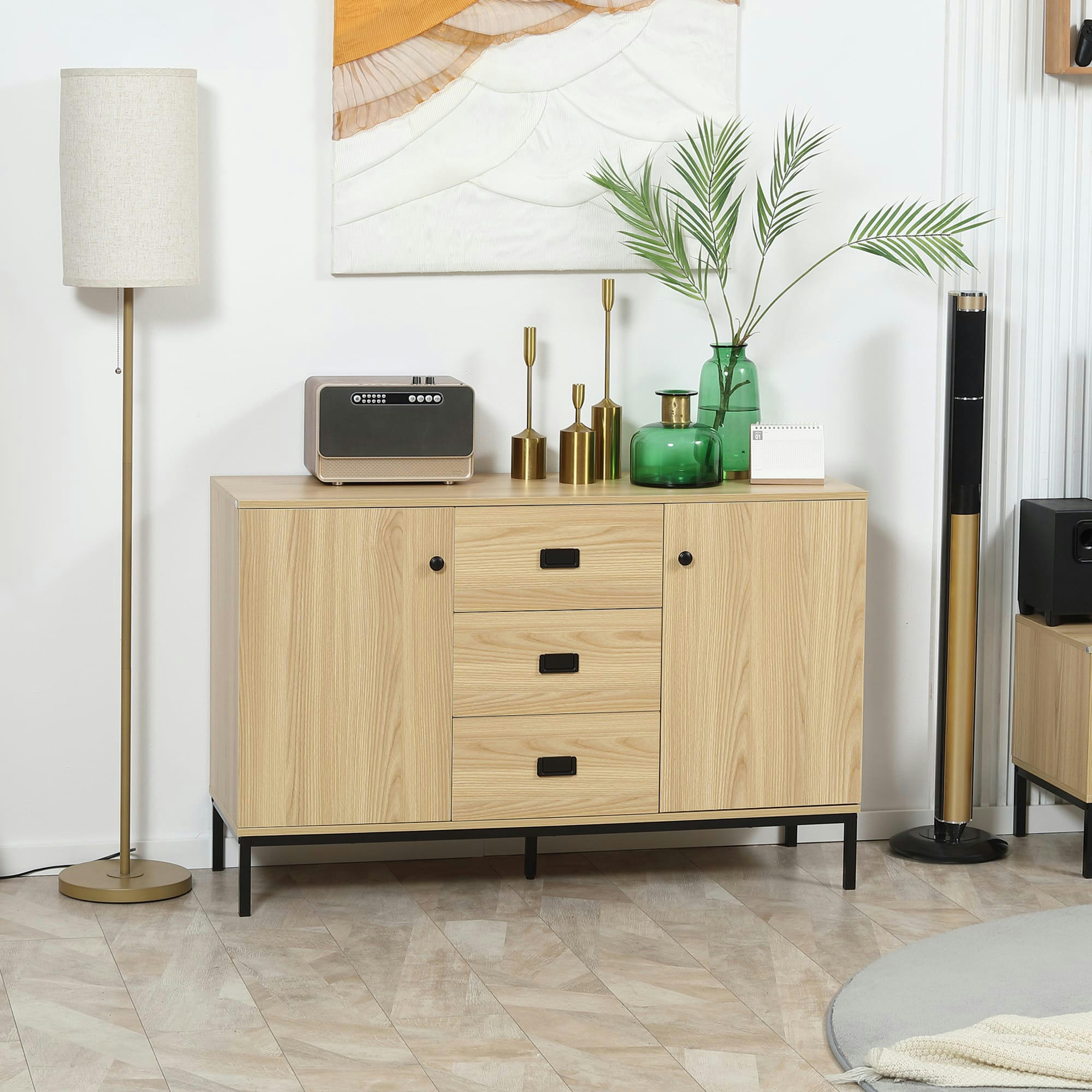 - Buffet industriel - 2 portes, 3 tiroirs - métal noir aspect bois clair