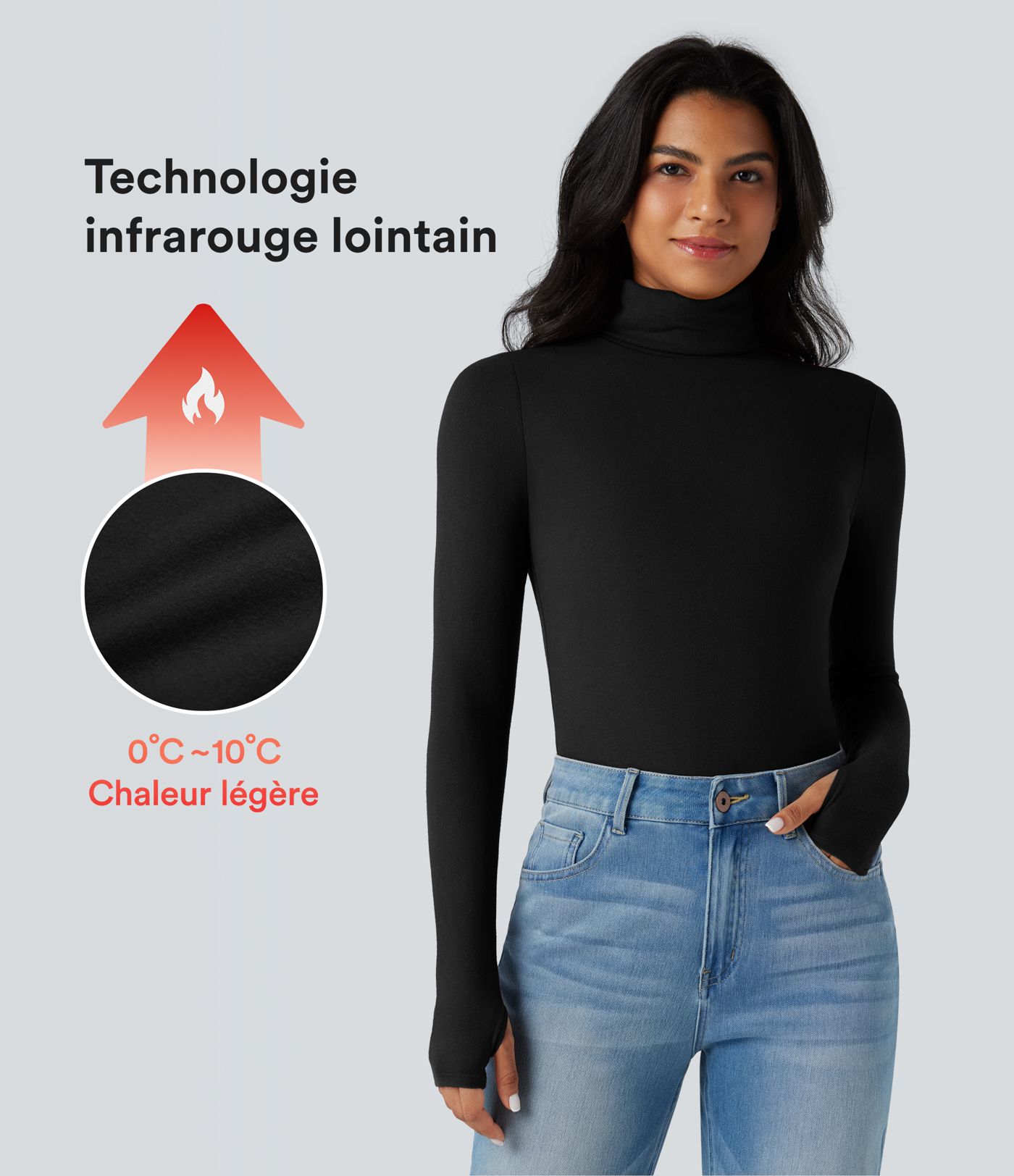 Top réchauffant col roulé manches longues avec trous pouces