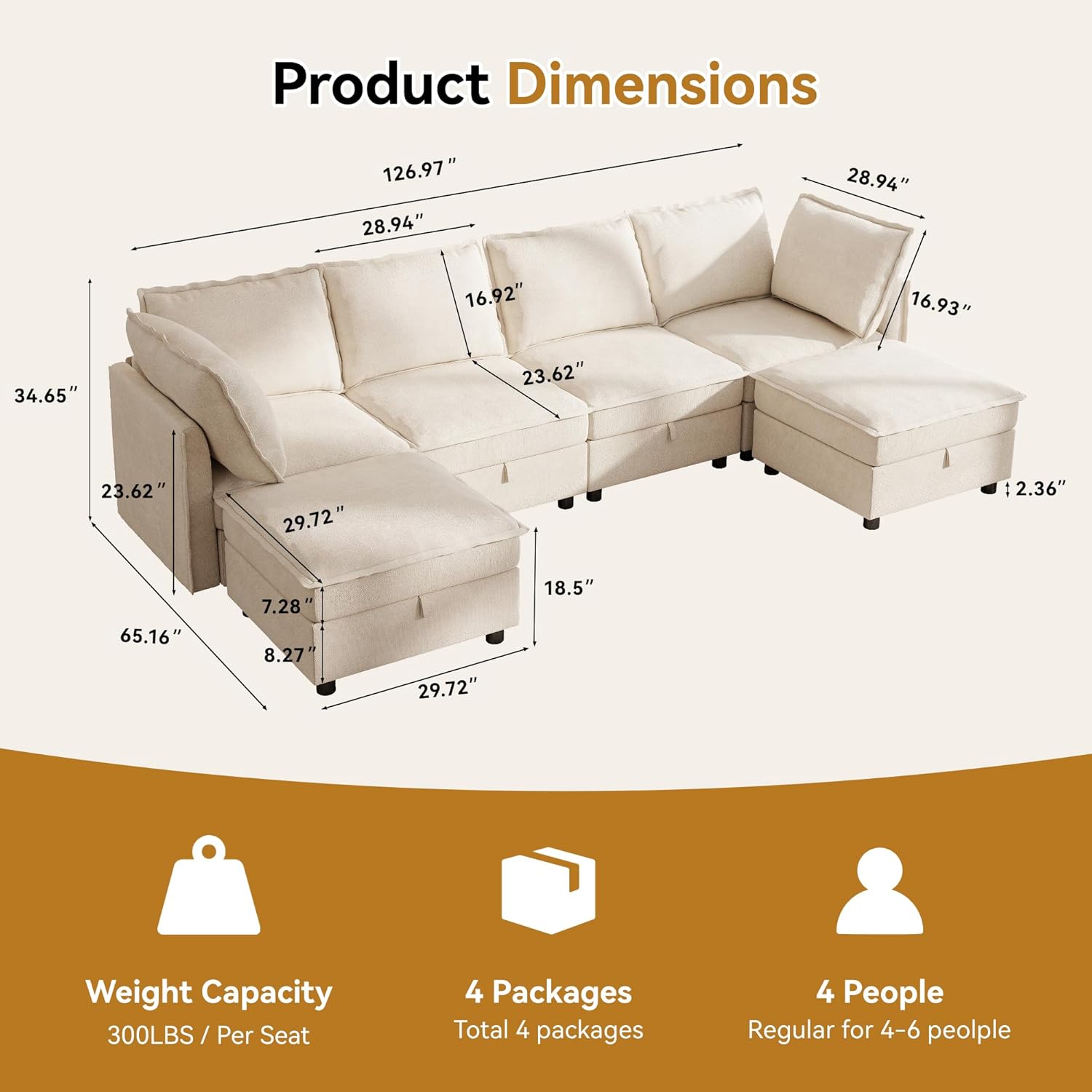 Ihanherry 129.6” Modular Sectional Sofa with Storage, U Shaped Couch for Living Room, 6-Seat Chenille Deep Seat Sofa with Movable Ottoman, Convertible Couches for Bedroom and Apartment，Beige