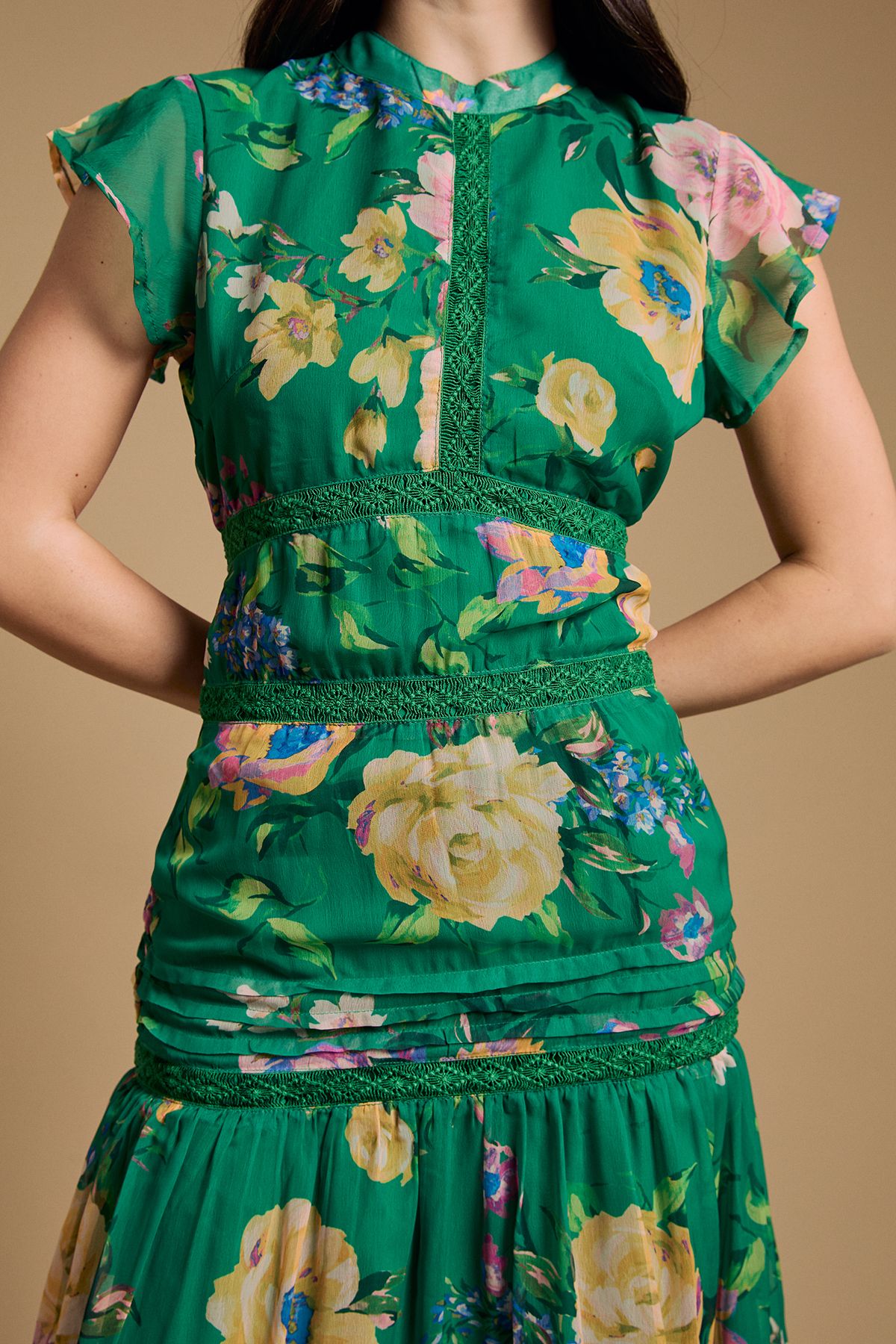 Oasis Floral Printed Chiffon Lace Insert Dress