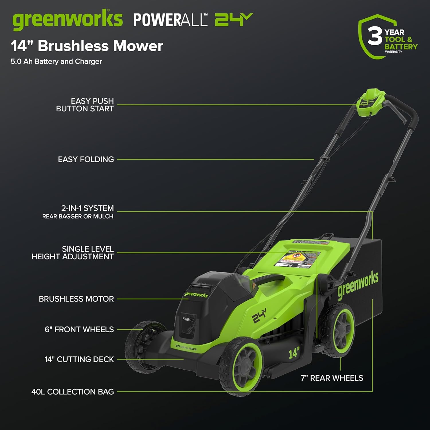Greenworks 24V 14″ Brushless Cordless Lawn Mower Kit with 5.0Ah USB-C Battery & 65W Type-C Charger