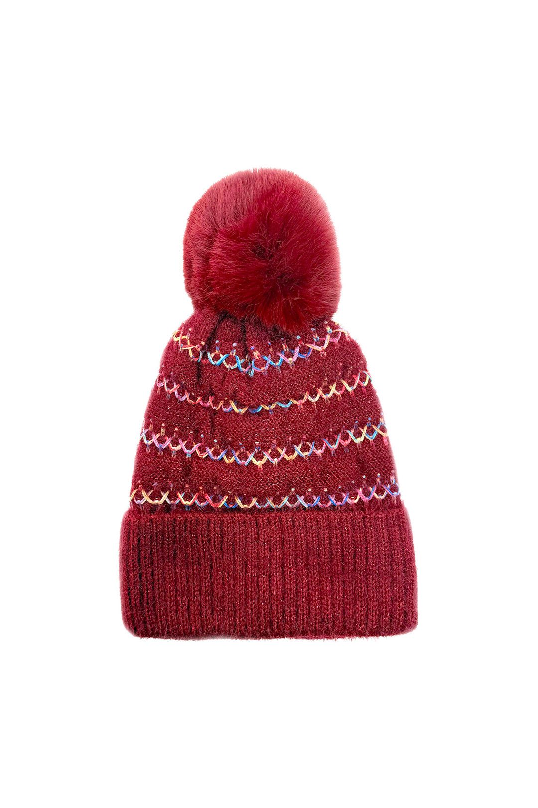 Vellin Pom Pom Hat with Colourful Cross Stitch Detail