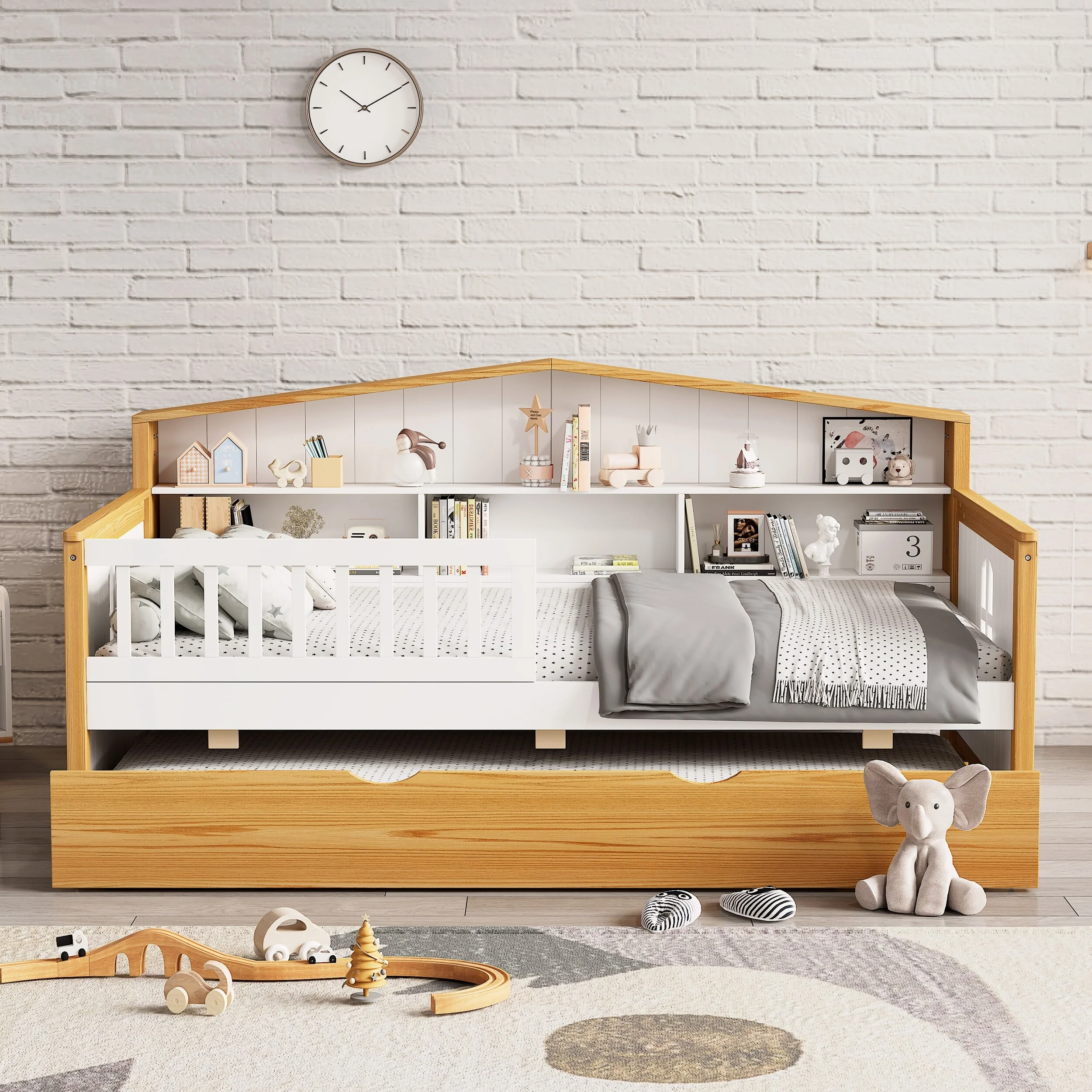 Twin Size House Daybed with Trundle and Bookcase Headboard for Bedroom
