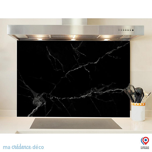 Crédence cuisine fond de hotte Marbre noir 2 - Verre trempé - L 90 cm x H 50 cm - MaCrédenceDéco