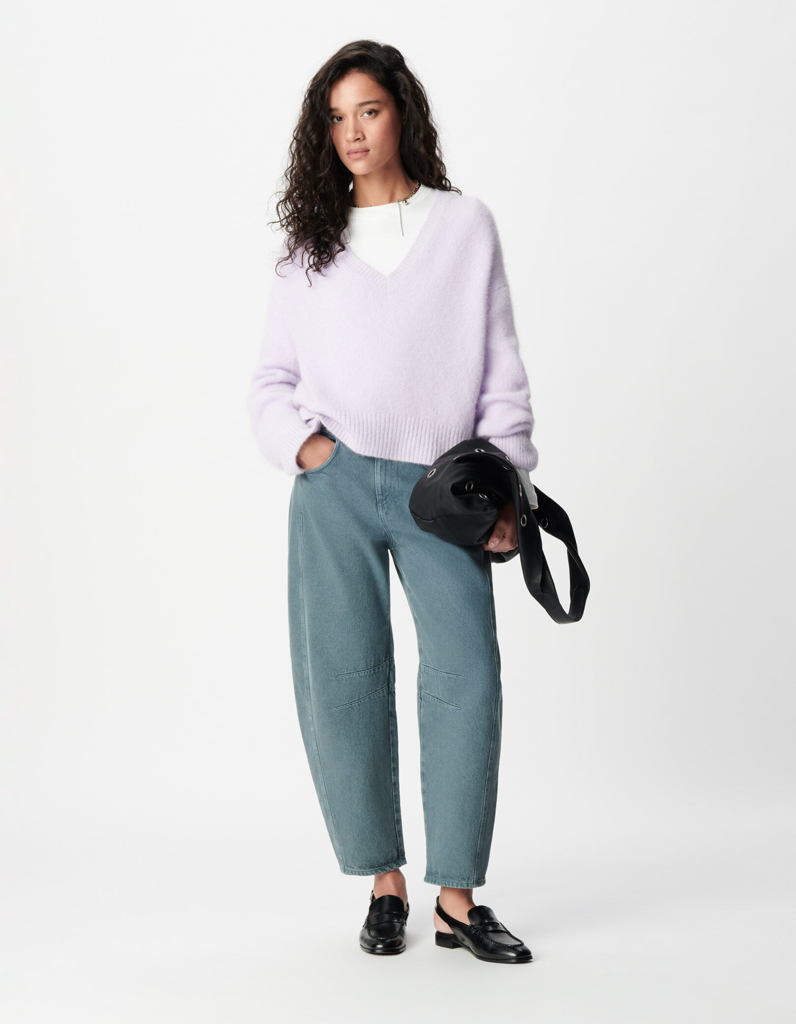Pull col V lilas tricot mix alpaga Femme
