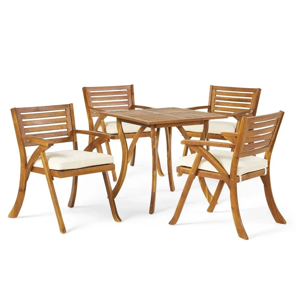 Outdoor Hermosa 5 Piece Wood Dining Set With Cushions, Teak Finish With Beige Cushion