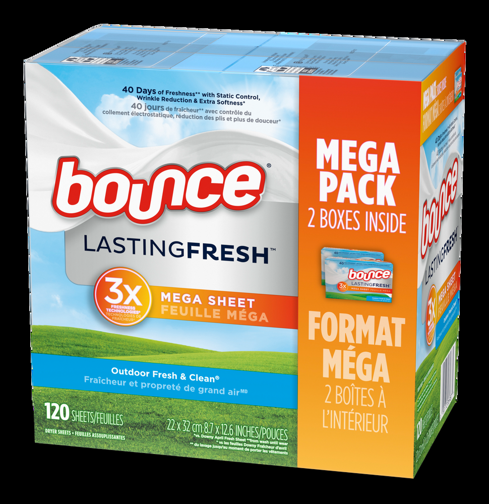 Bounce Lasting Fresh Mega Dryer Sheets, 120 ct, Outdoor Fresh & Clean