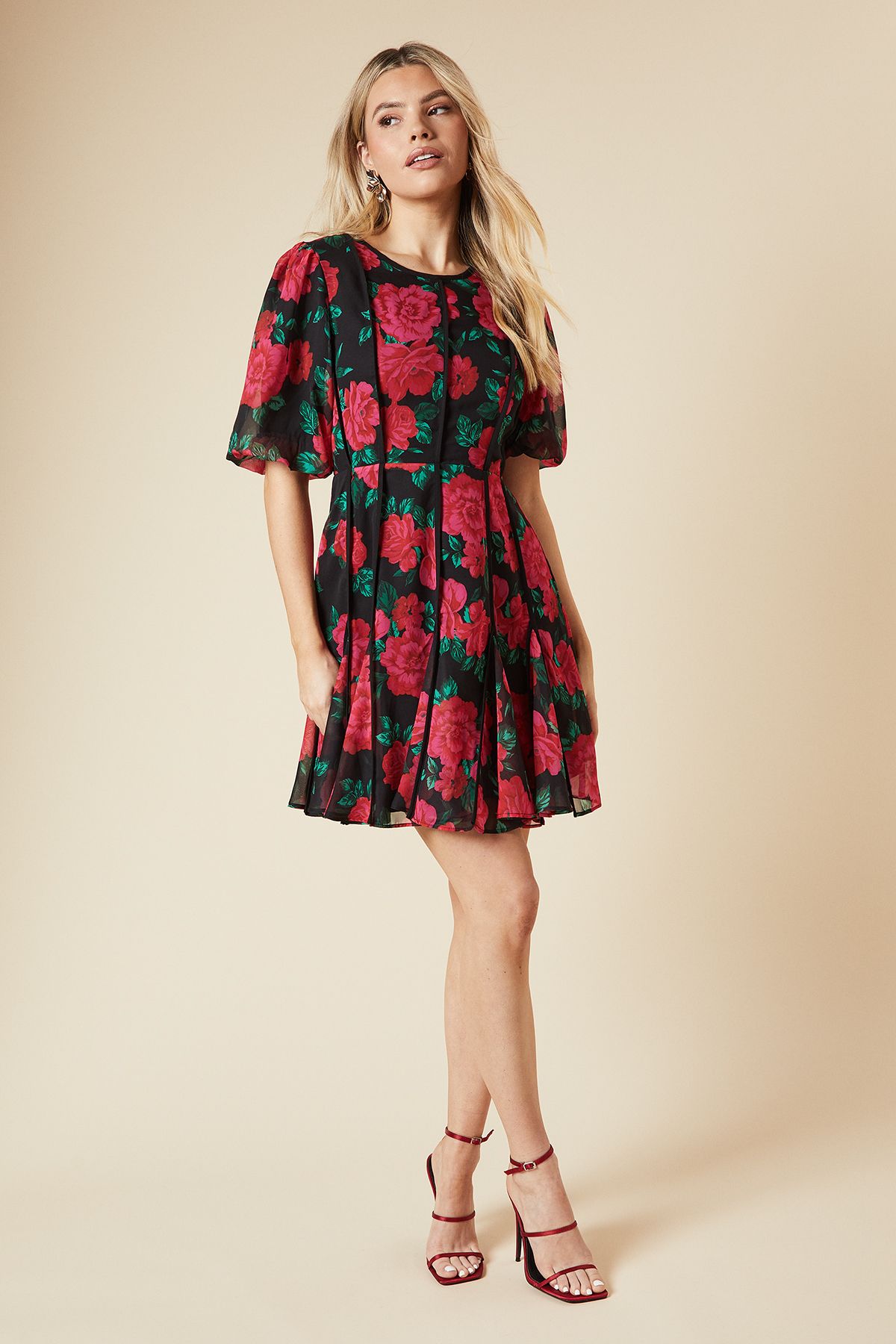 Dorothy Perkins DP Luxe Black Floral Chiffon Contrast Binding Bodice Mini Dress