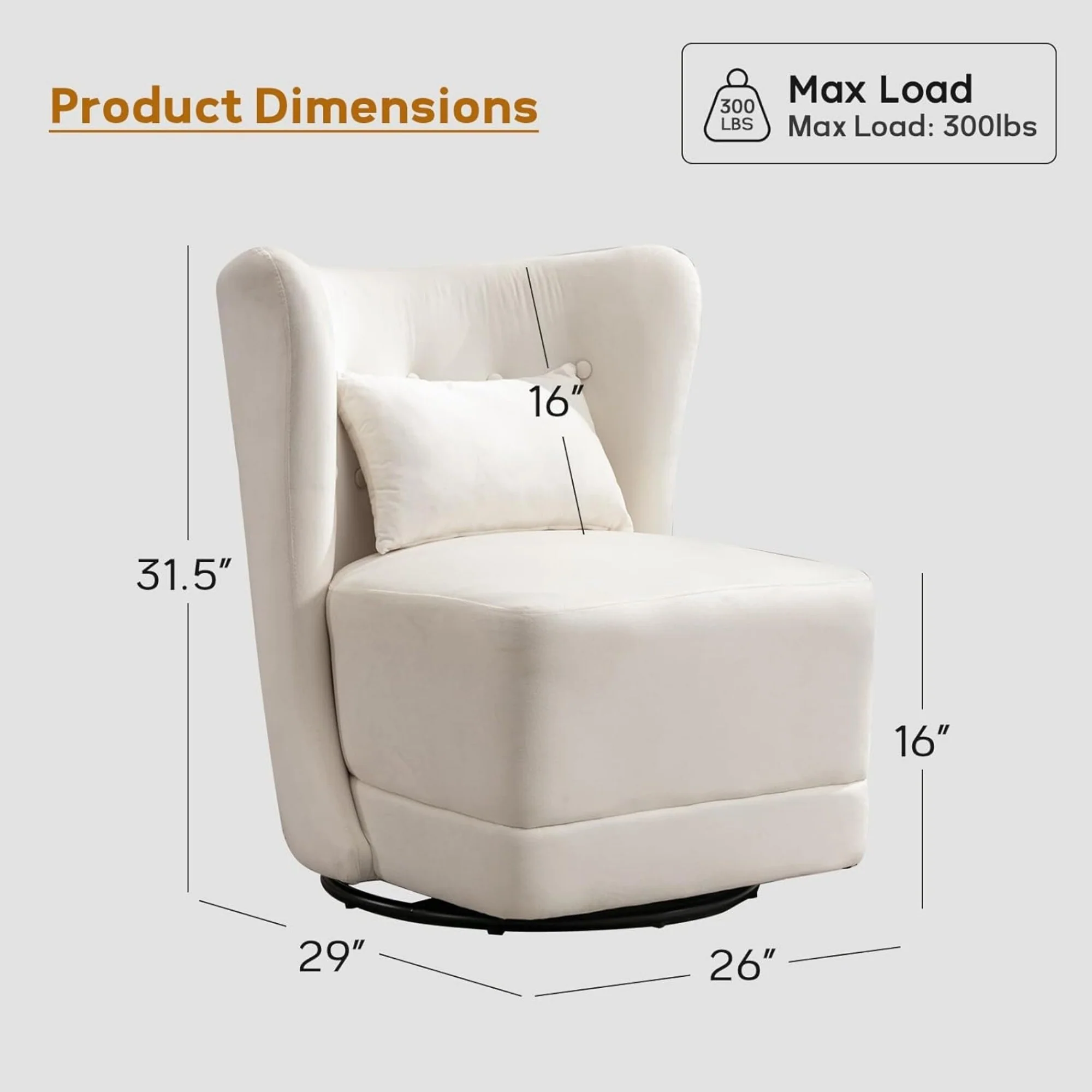 Modern Armless Chair, 360° Swivel Lounge Chair with Back Pillow, for Living Room Bedroom