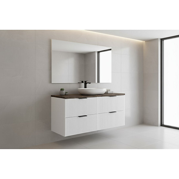 Ensemble de salle de bain NOXERA 120 cmMeuble sous vasque suspendu blanc alpin avec plan pour vasque effet bois épicéa