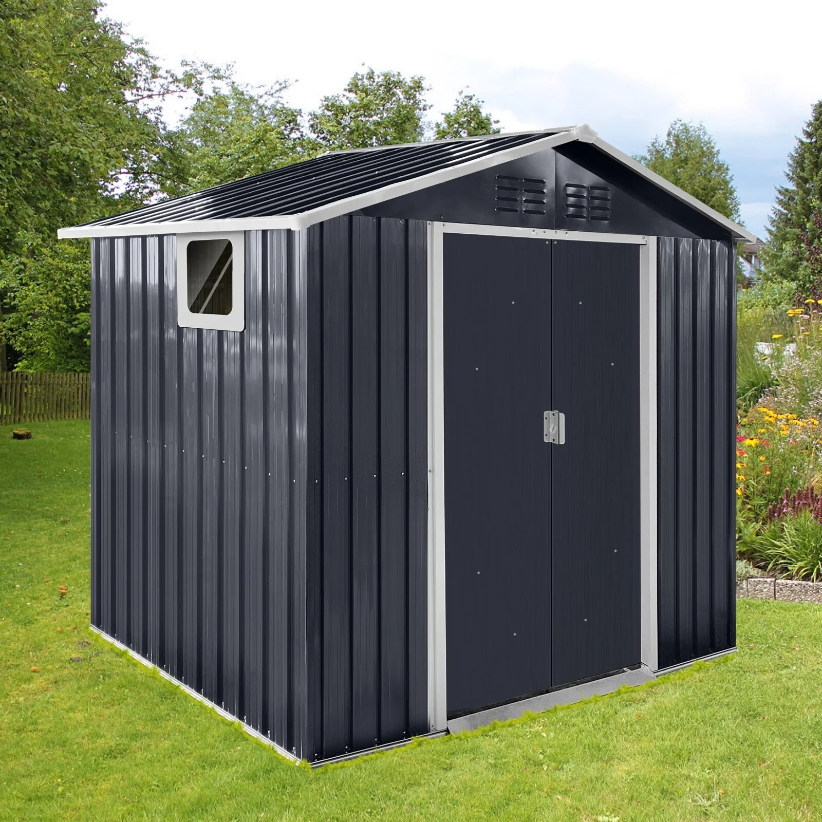 Metal Garden Shed Storage Shed with Sliding Lockable Door Tool Shed, Weather-Resistant, Punch Vents for Backyard