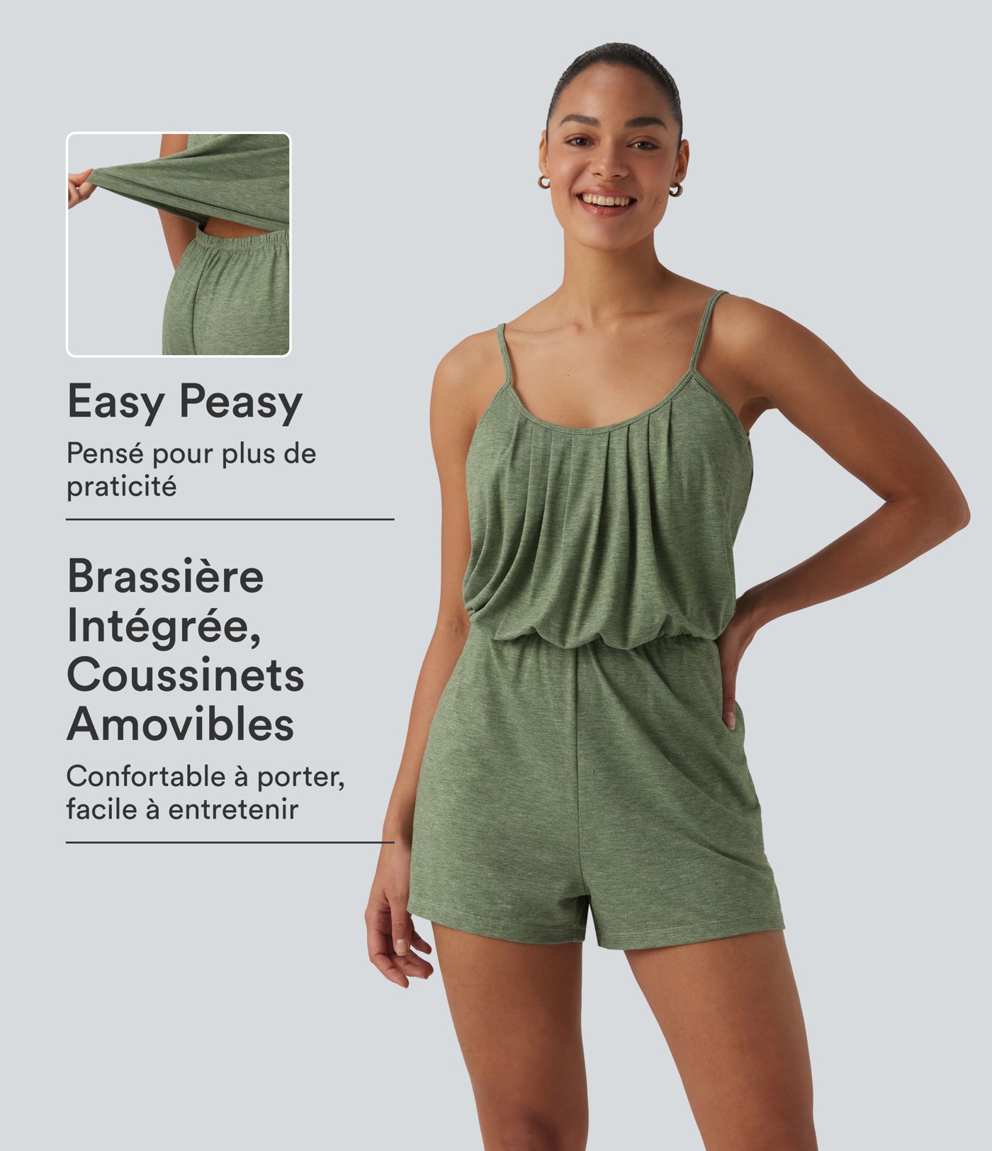 Combishort décontractée col U bretelles ajustables plissée avec brassière intégrée et poches - Easy Peasy
