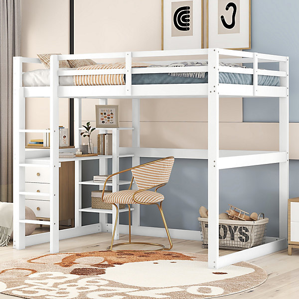 Lit mezzanine 140x200 cm enfant avec bureau et 4 compartiments de rangement, lit combiné bois naturel blanc sans matelas