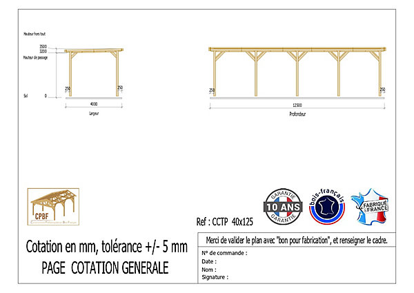Carport toit plat 400cmx1250cm bois DOUGLAS français (charpente - auvent - abri camping-car). 50 m². Garantie 10 ans.