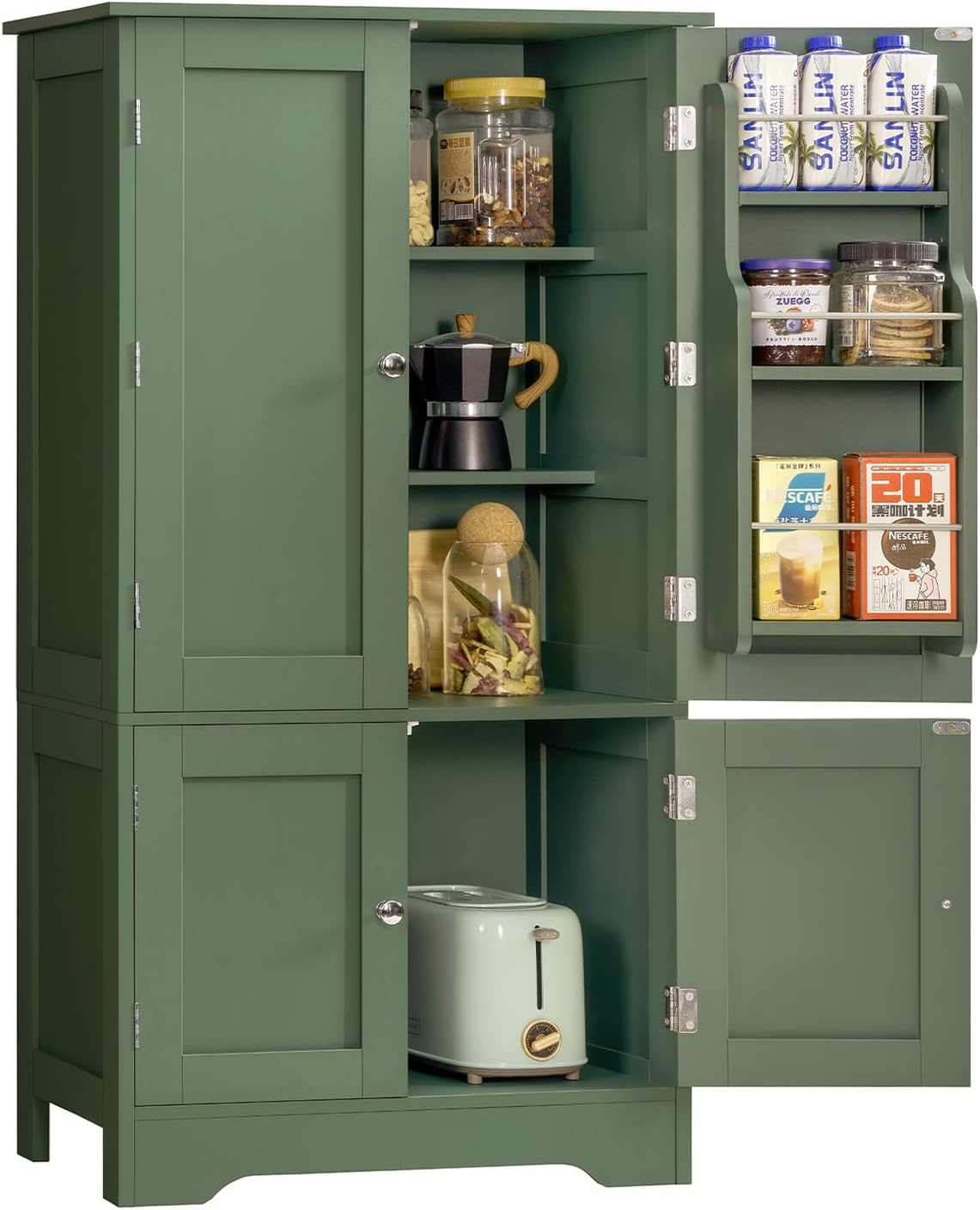 TEENFON 43 H Storage Cabinet with 4 Doors, Kitchen Cabinet with 6 Door Shelves, Kitchen Pantry Cabinets for Living Room, Dining Room, Bathroom, Forest Green