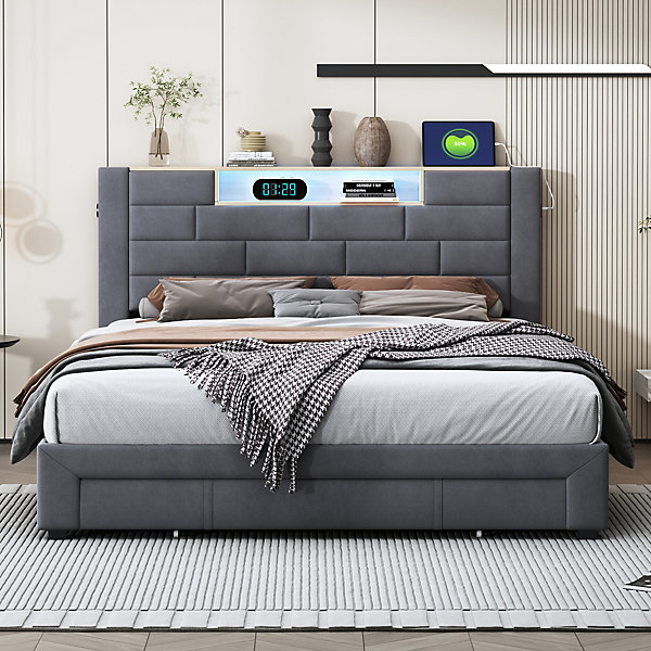 Lit coffre 160x200 cm en velours avec LED 7 couleurs, ports USB/Type-C, Lit double avec 3 tiroir, Gris