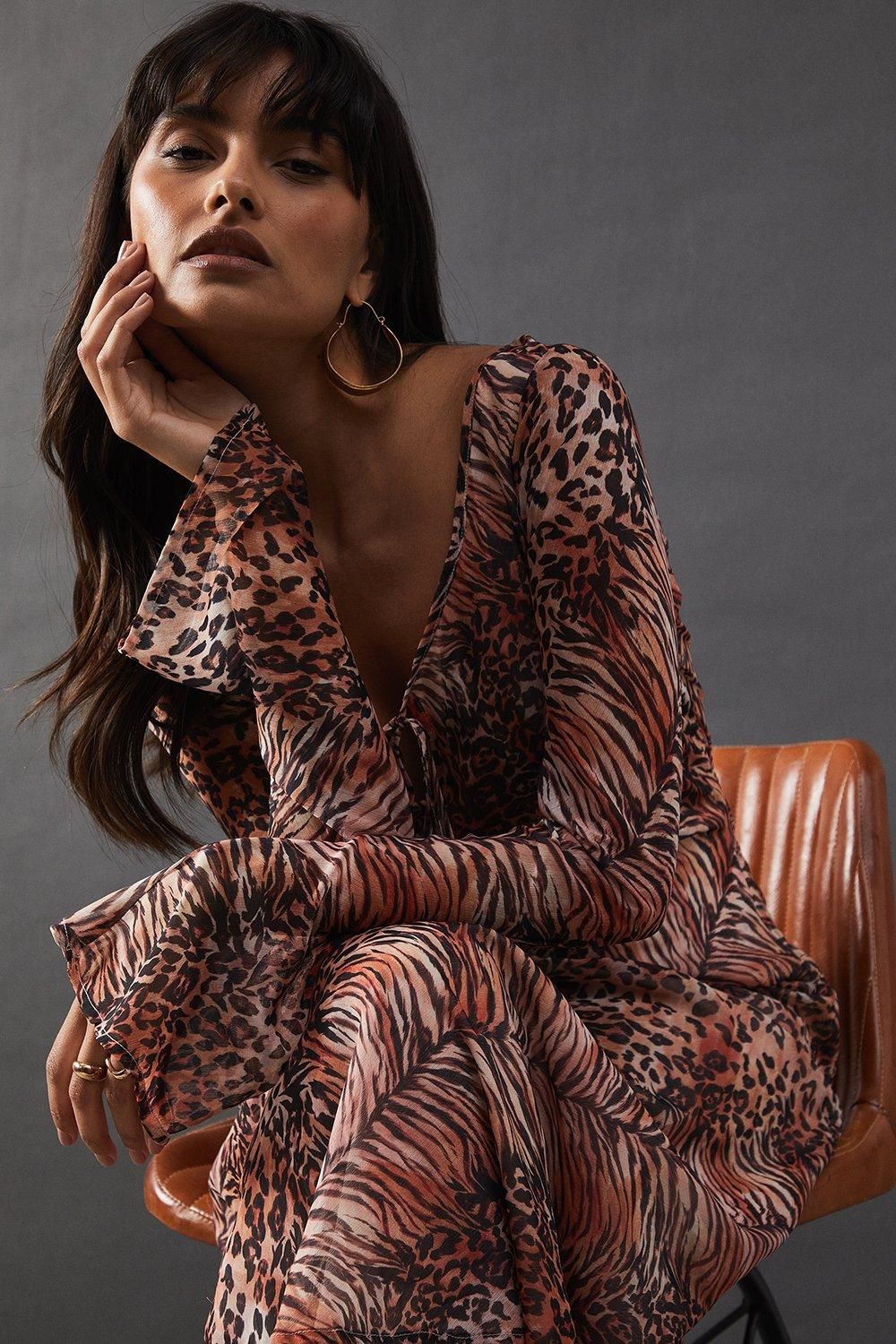 Warehouse Chiffon Tie Keyhole Front Bias Midi Dress