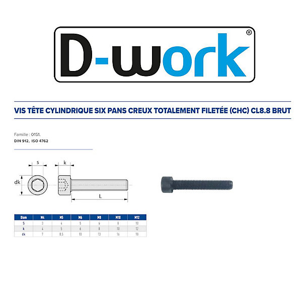 100 Vis Métaux Tête Cylindrique 6 Pans Creux CHC F/Total 6 x 50 mm - DIN 912 - 8.8 - Brut - D-Work