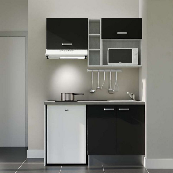 Kitchenette K13 - 140 cm - Façades : Noir - Plan de travail : Gris - Crédences : Non - Evier