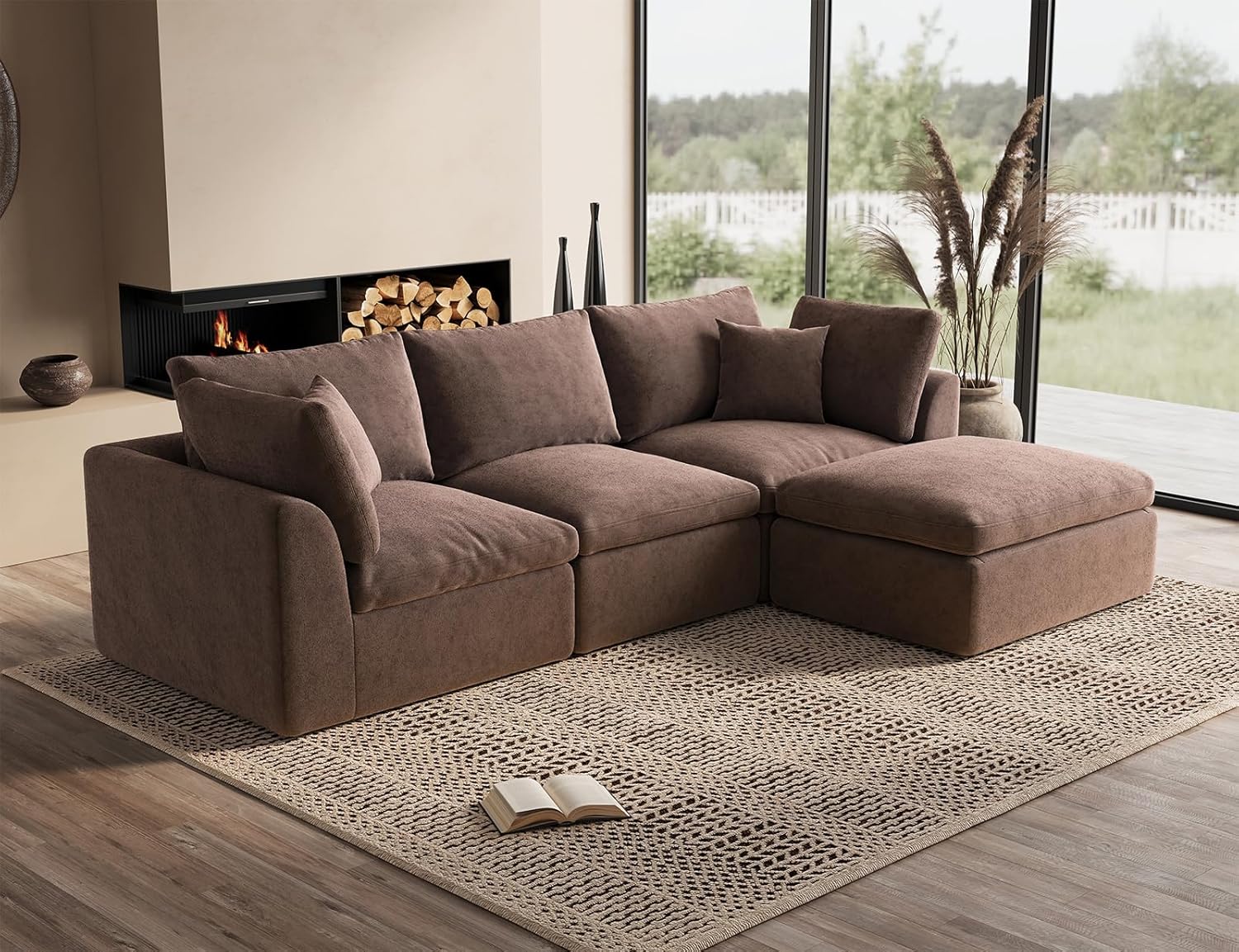 110 Cloud Sectional Couches for Living Room, Boneless L-Shape Couch with Ottoman, 3 Seater Modular Sectional Sofa, Brown