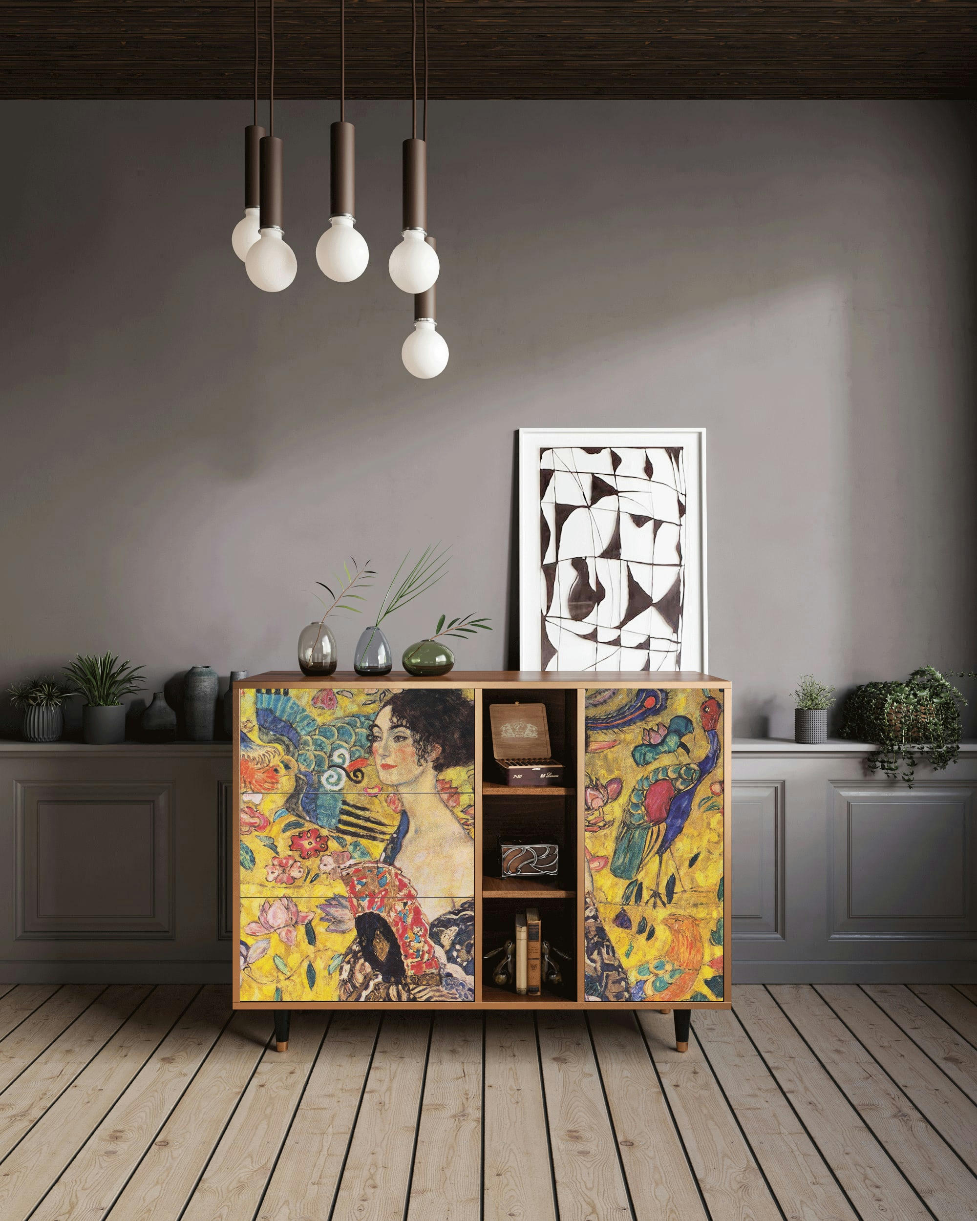 LADY WITH FAN BY GUSTAV KLIMT - Buffet  jaune 3 tiroirs et 1 porte L 125 cm