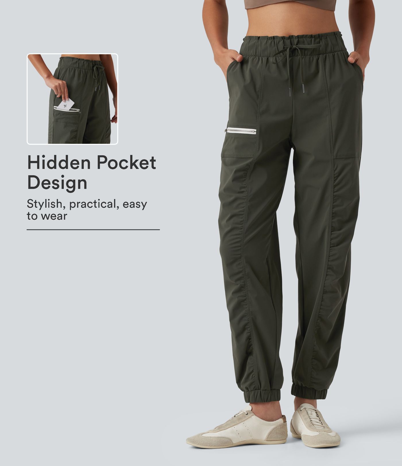 Jogging de course fuselé froncé taille mi-haute à cordon de serrage, séchage rapide, à effet frais InstantCool, avec poches, protection solaire UPF40