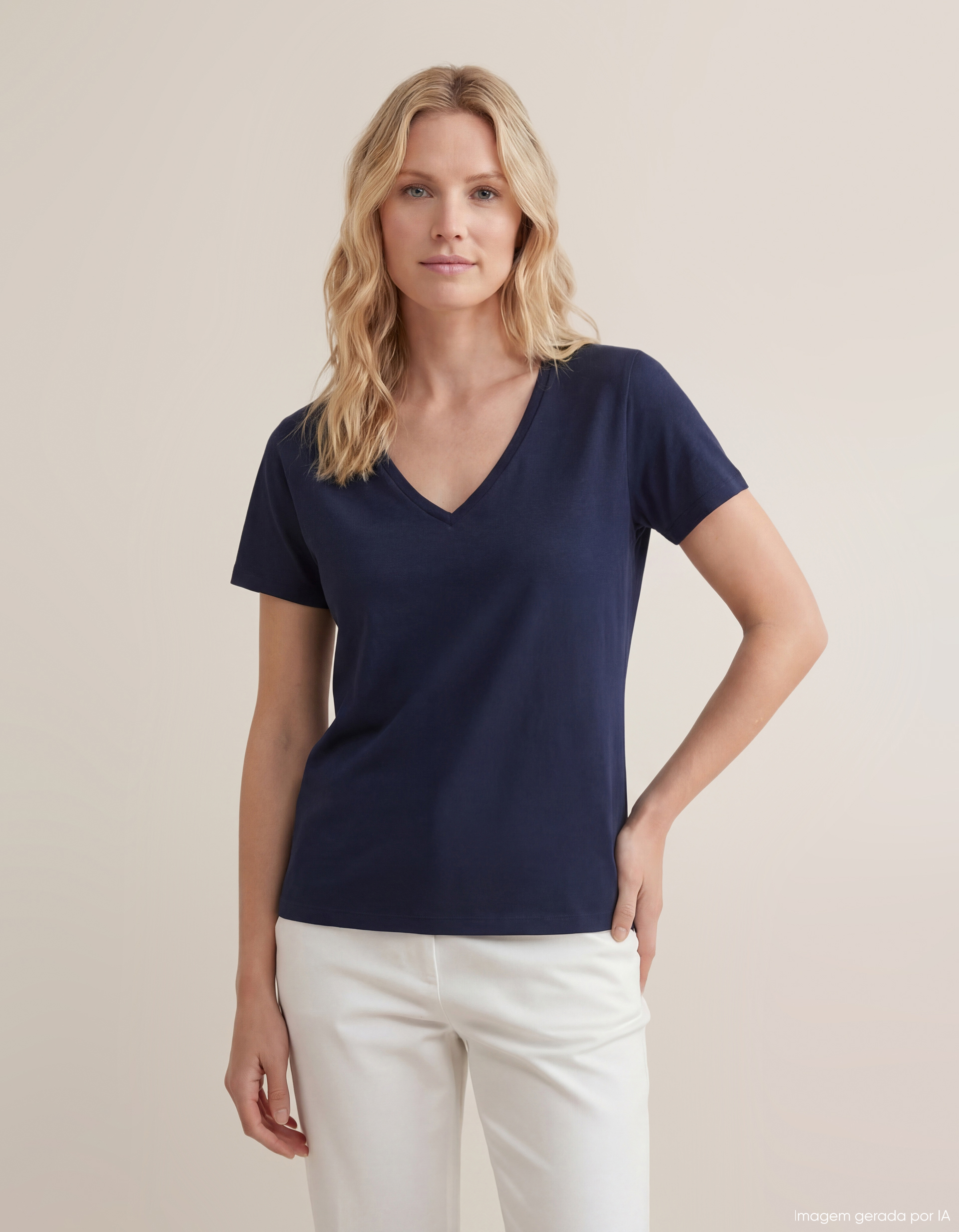 T-shirt Decote em V, Mulher, Azul Escuro