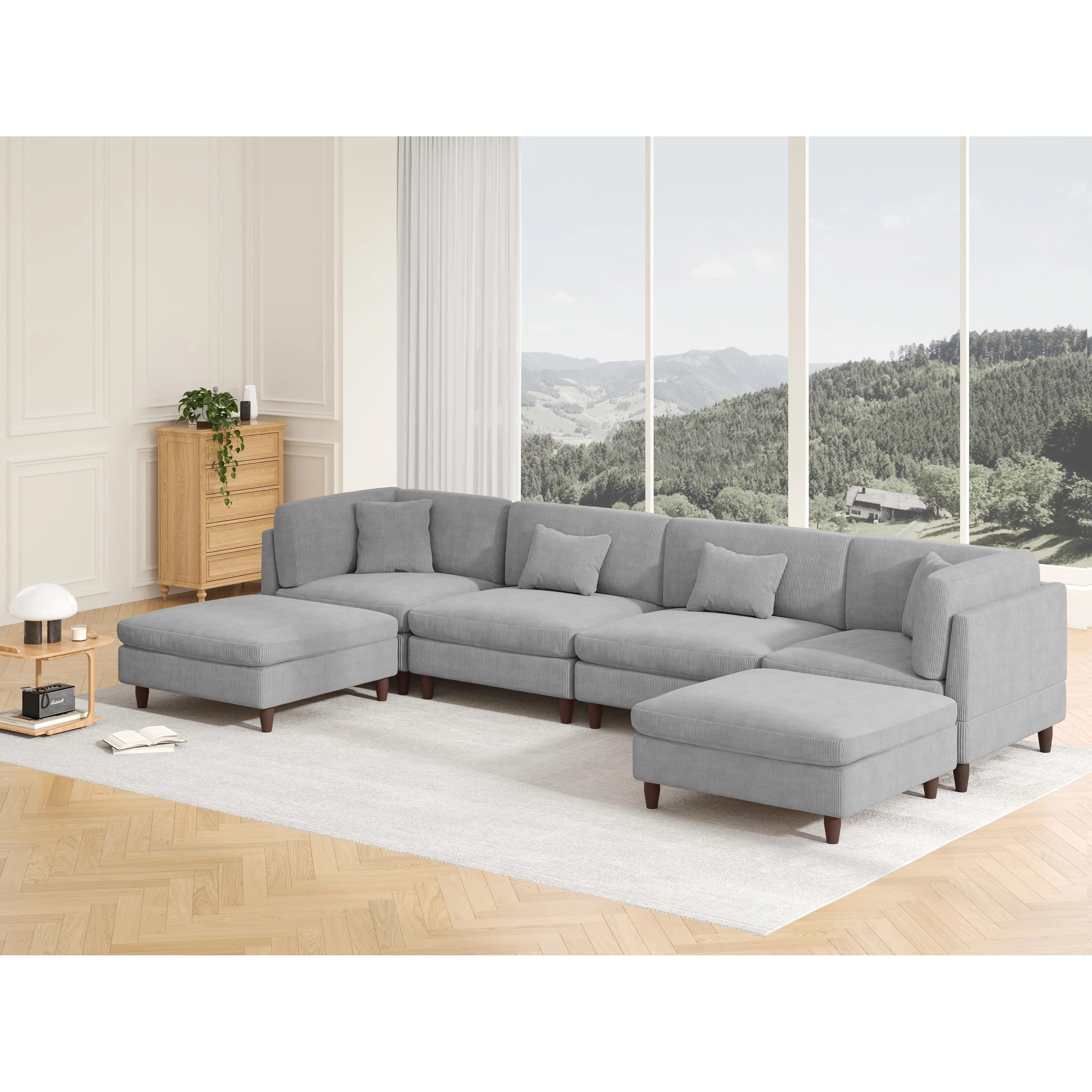 Corduroy Modular Sectional Sofa Set With Ottoman