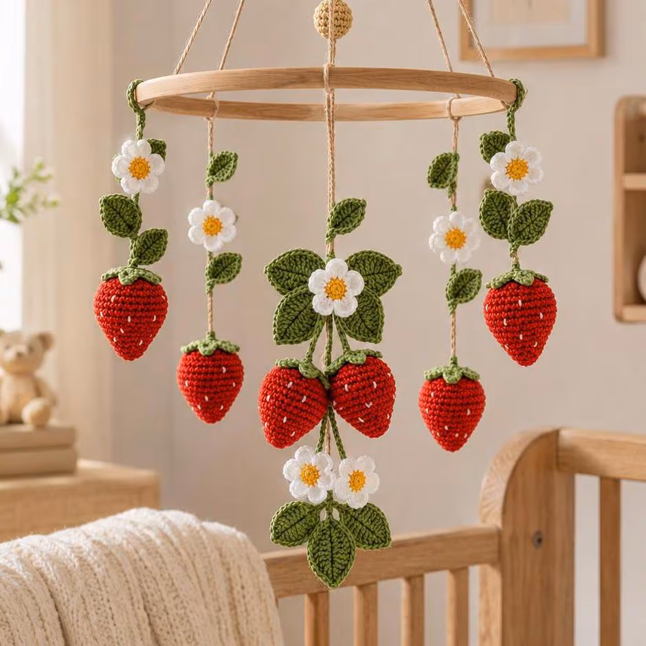Crochet Strawberry Baby Mobile – Handmade Crib Mobile with Flowers, Strawberry Nursery Decor, Baby Shower Gift, Gift for Baby