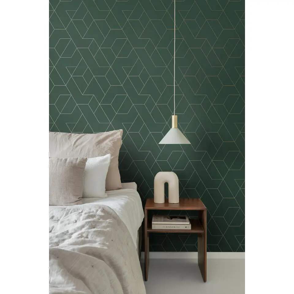 ESTAhome behang grafische lijnen groen en goud - 50 x 900 cm