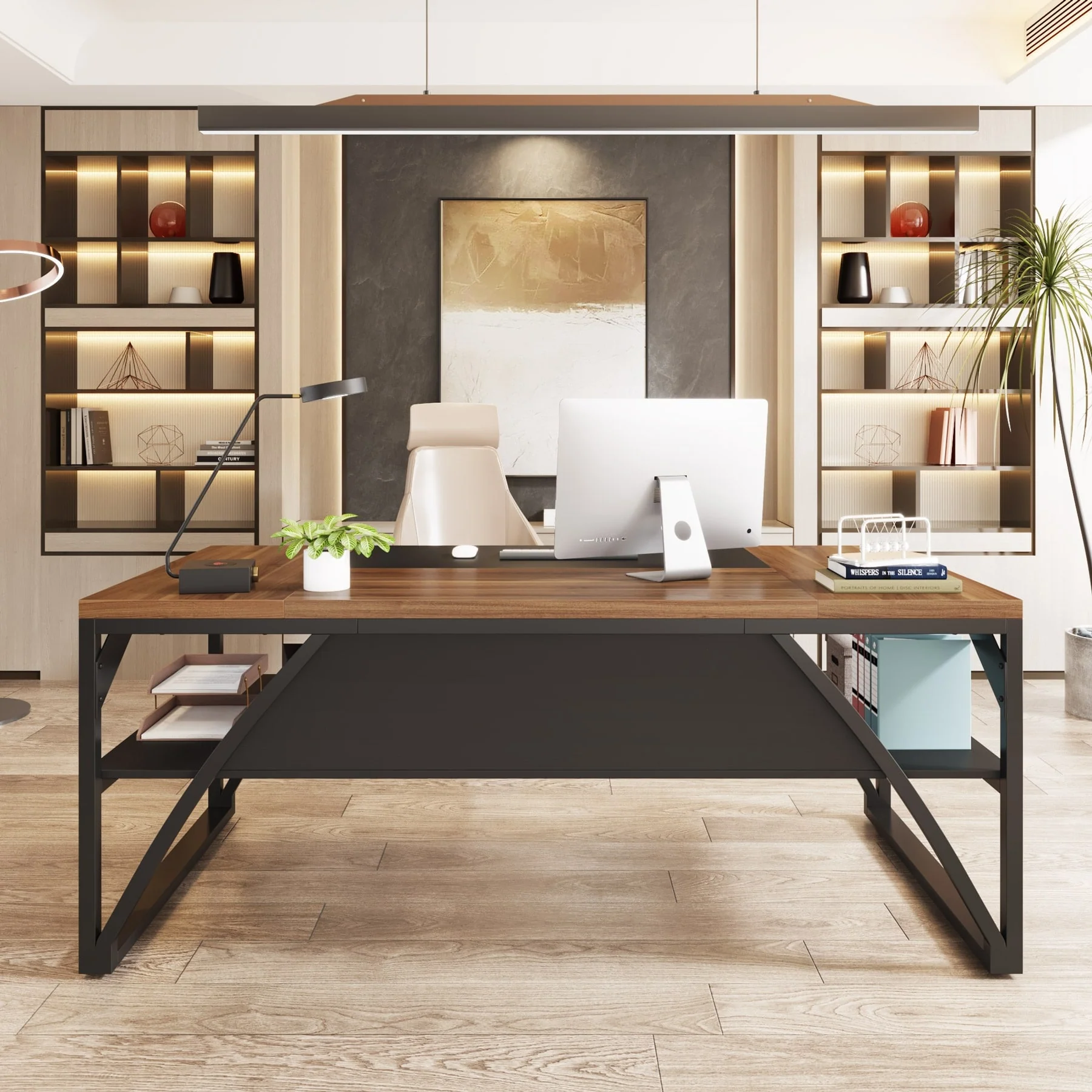 63-Inch Large Computer Desk with Storage Shelf, Modern Office Desk with Thickened Frame and Board