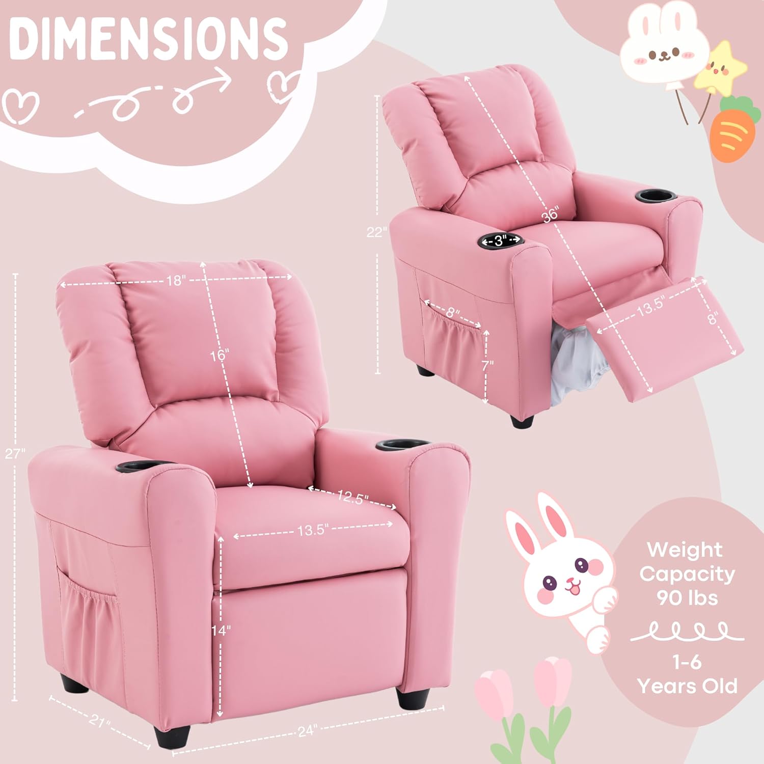 Candy Kids Reclining Chair Leather Recliner Sofa Push Back Toddler Youth Children Child Ages 1-6