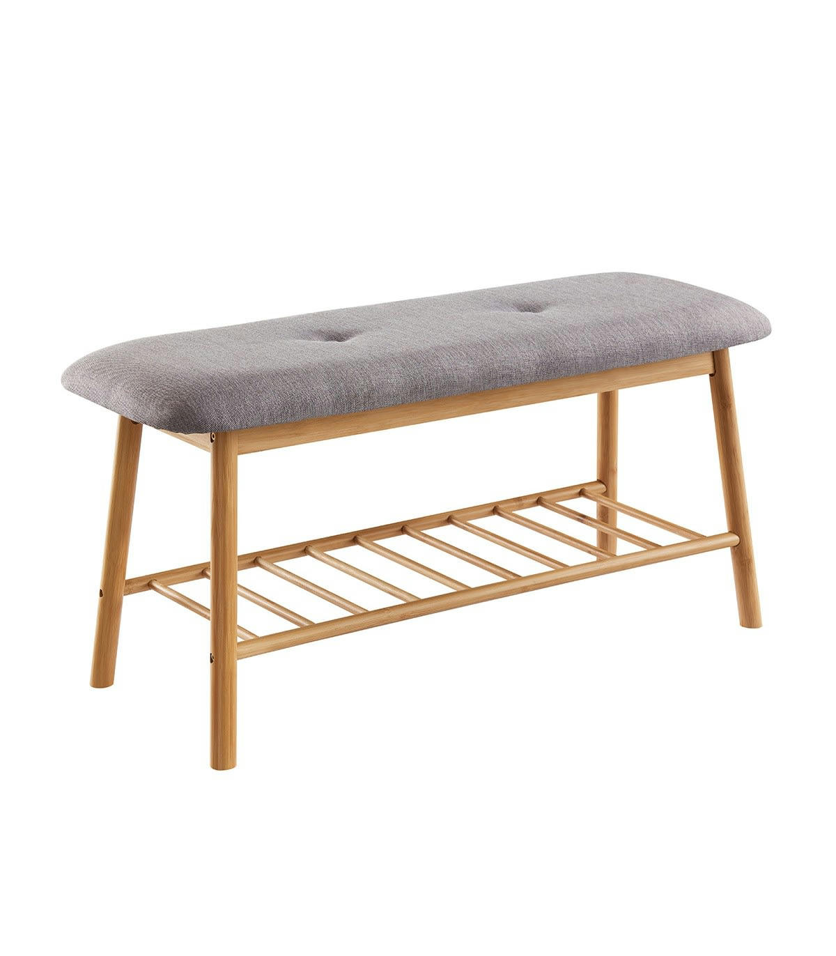 - Banc avec assise en tissu gris et structure en bambou
