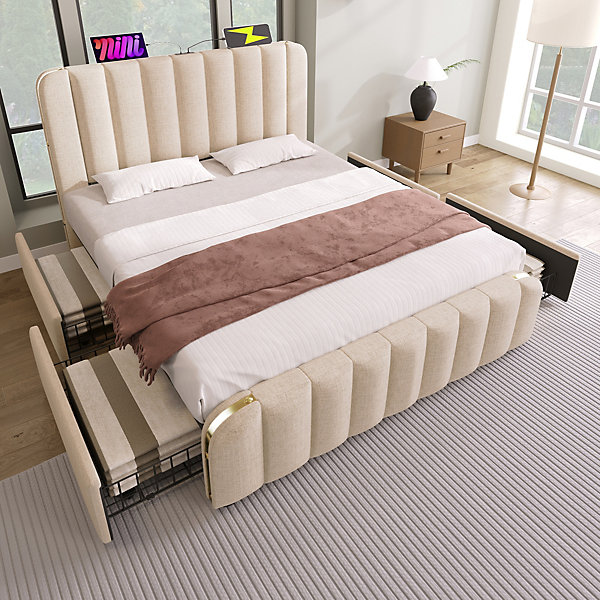 Lit avec rangement 140x200 cm - Lit double rembourré avec fonction USB Type-C et 4 tiroirs - Lin - Sans Matelas - Beige