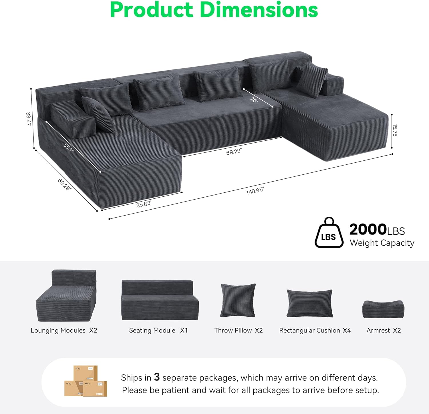 141'' Modular Sectional Sofa, PRO Version U-Shape Boneless Couch, Oversized Deep Seating Cloud Couch, No Assembly, High-Resilience Foam, Soft Corduroy Fabric, for Living Room Apartments Grey | High-Resilience Foam