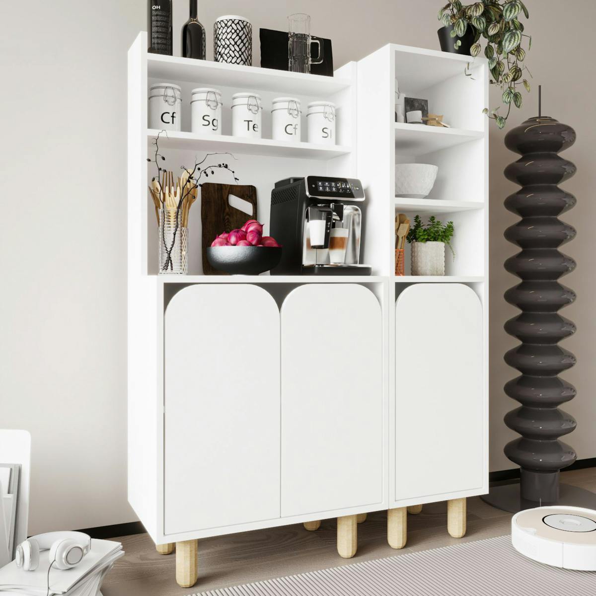 Vaisselier de cuisine blanc 3 portes courbes VAREN