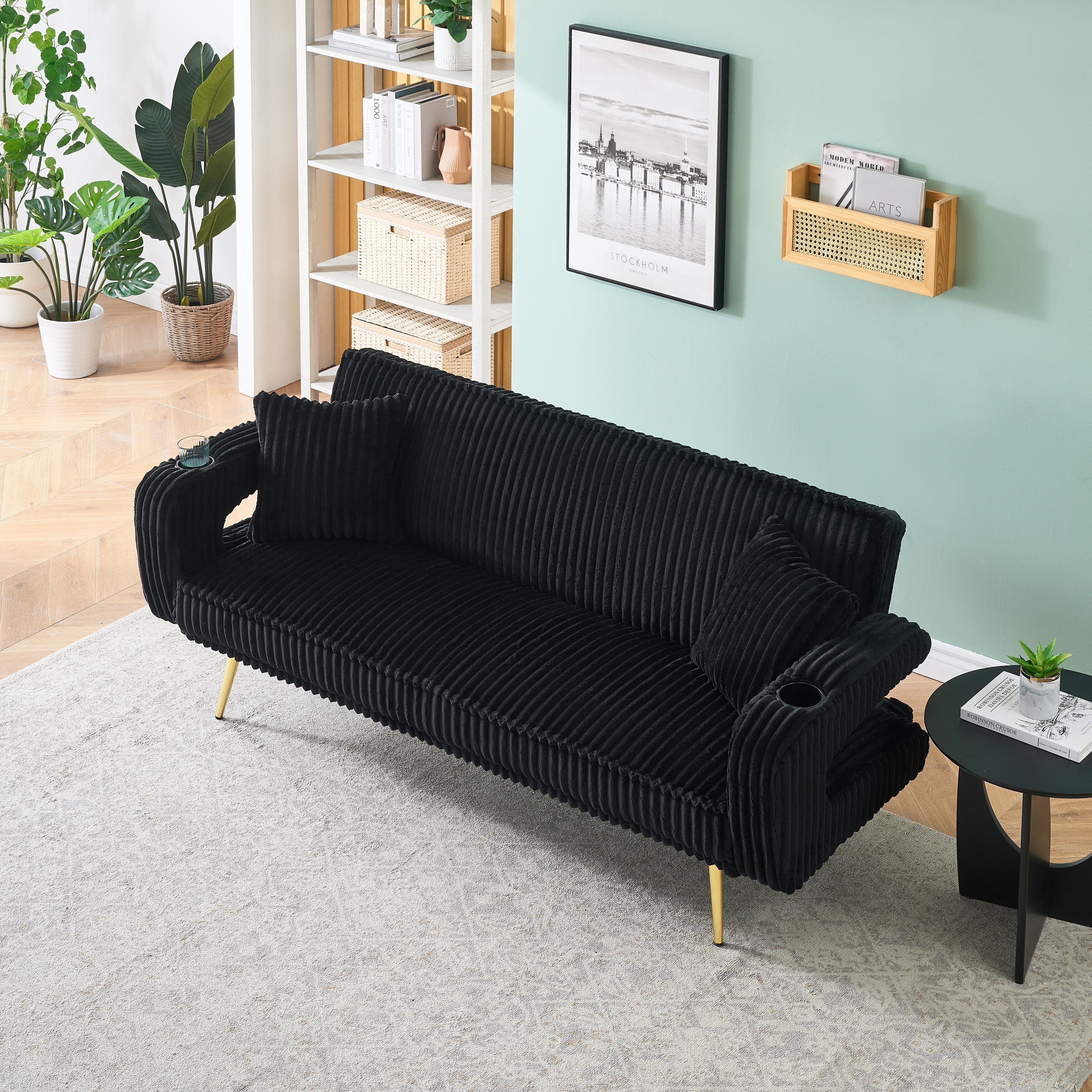 Straight-Row Corduroy Sofa With Throw Pillows, Featuring A Minimalist Style